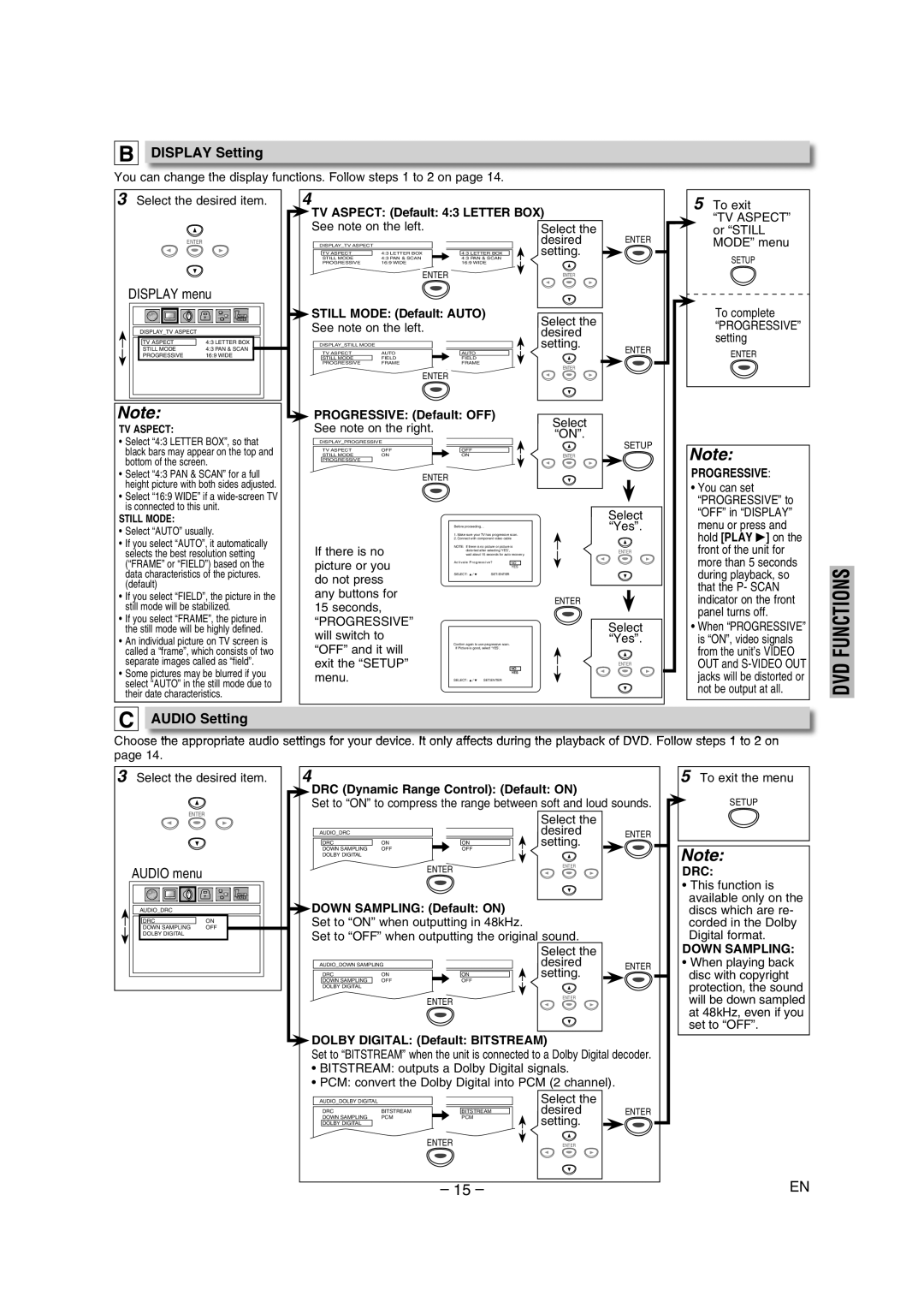 FUNAI DP100HH8 owner manual Display Setting, Audio Setting, Progressive, Drc, Down Sampling 