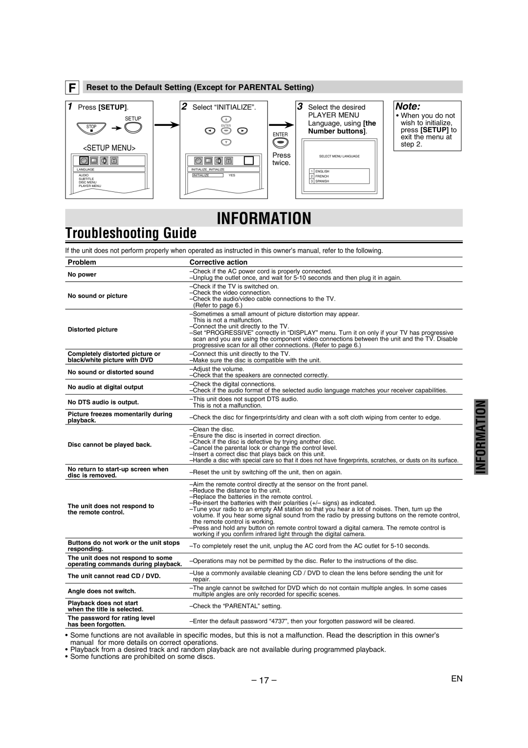 FUNAI DP100HH8 owner manual Information, Troubleshooting Guide, Reset to the Default Setting Except for Parental Setting 