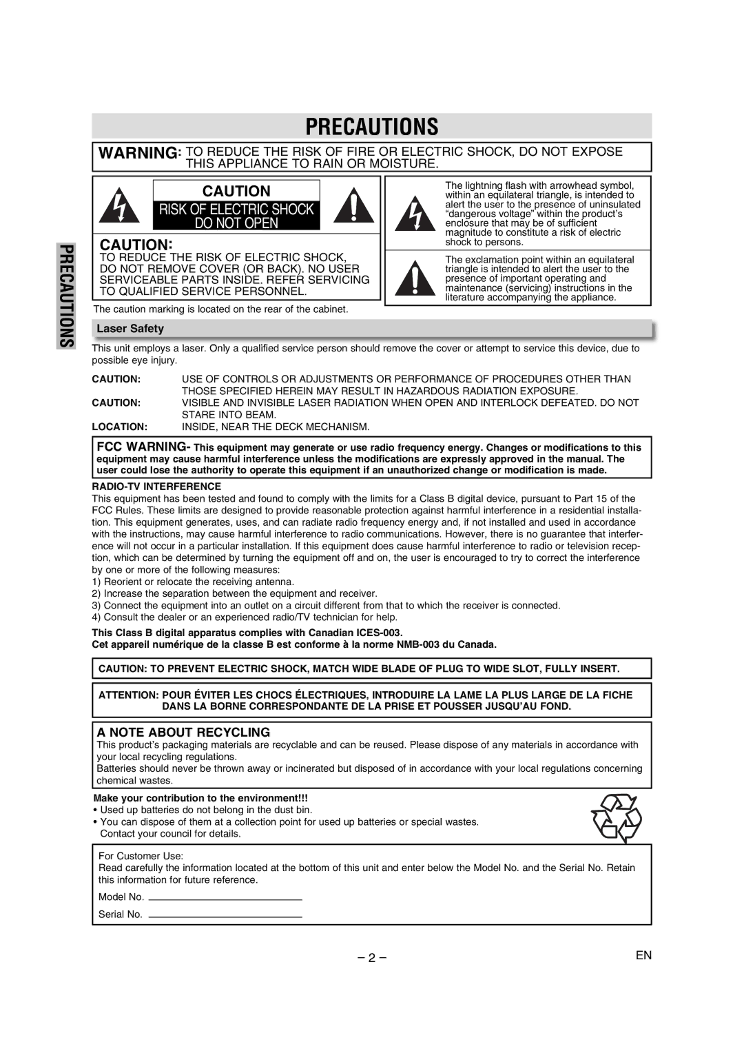 FUNAI DP100HH8 owner manual Precautions, Laser Safety, RADIO-TV Interference, Make your contribution to the environment 