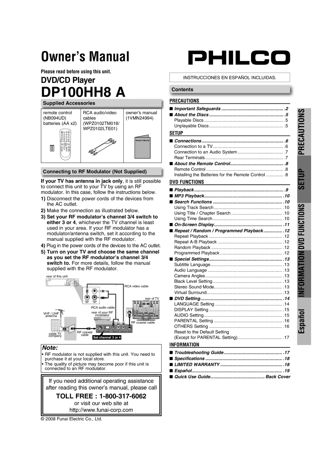 FUNAI DP100HH8A owner manual Please read before using this unit, Supplied Accessories, Contents 