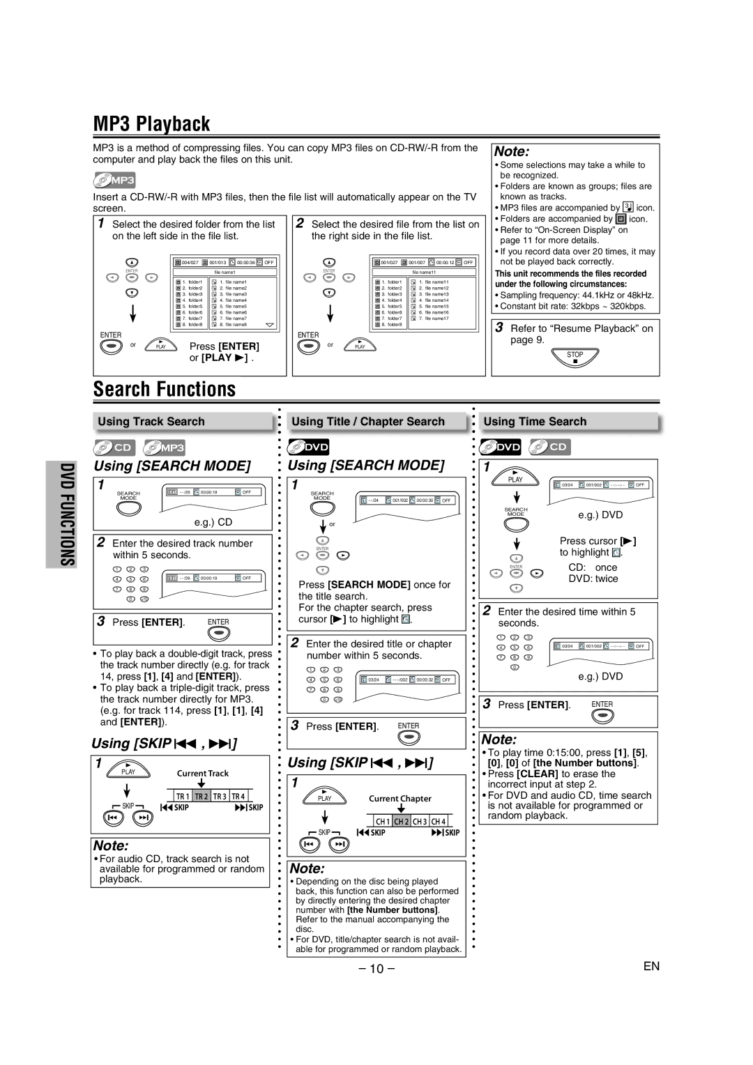 FUNAI DP100HH8A owner manual MP3 Playback, Search Functions, Press Enter, Or Play B 