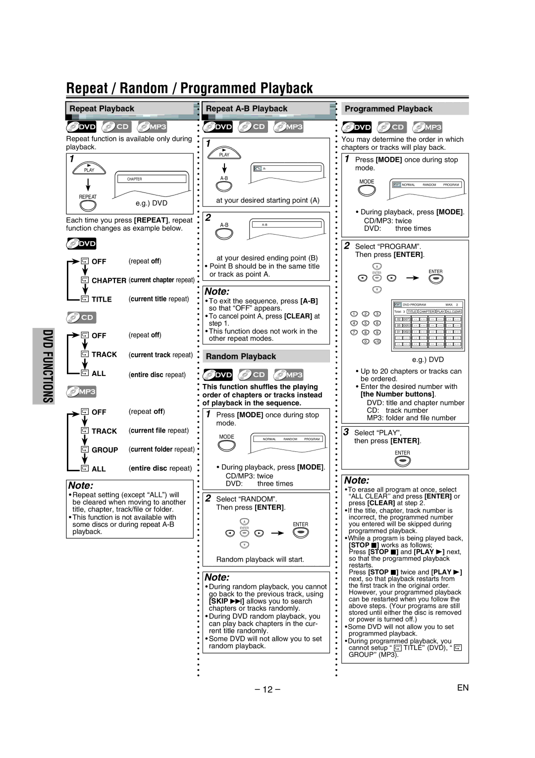 FUNAI DP100HH8A owner manual Repeat / Random / Programmed Playback, Repeat Playback, Repeat A-B Playback, Random Playback 