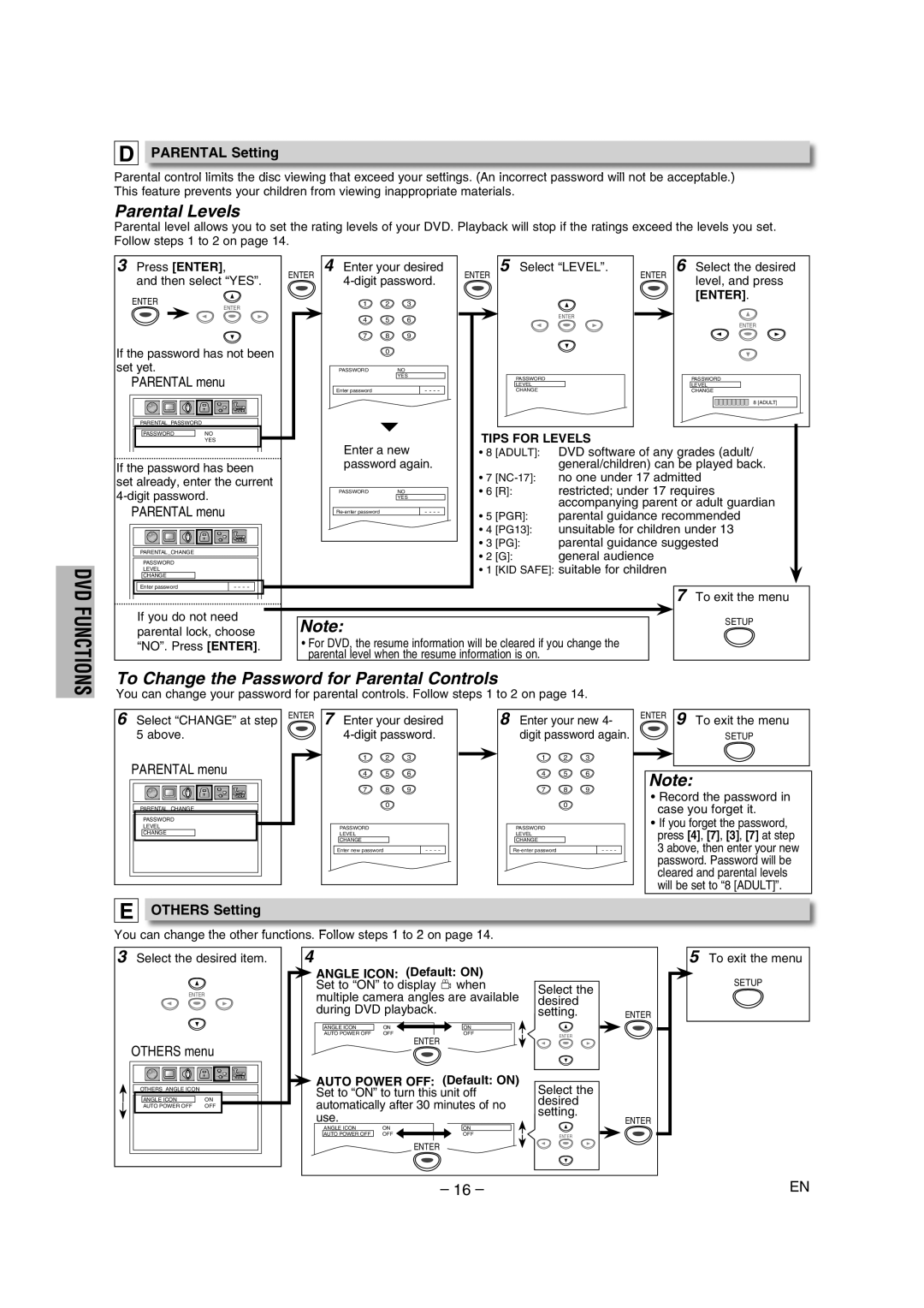 FUNAI DP100HH8A owner manual Parental Setting, Others Setting, Enter, Tips for Levels 