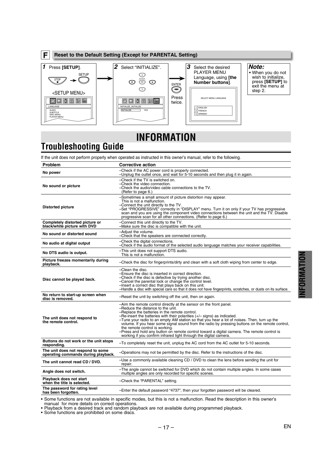 FUNAI DP100HH8A Troubleshooting Guide, Reset to the Default Setting Except for Parental Setting, Number buttons 