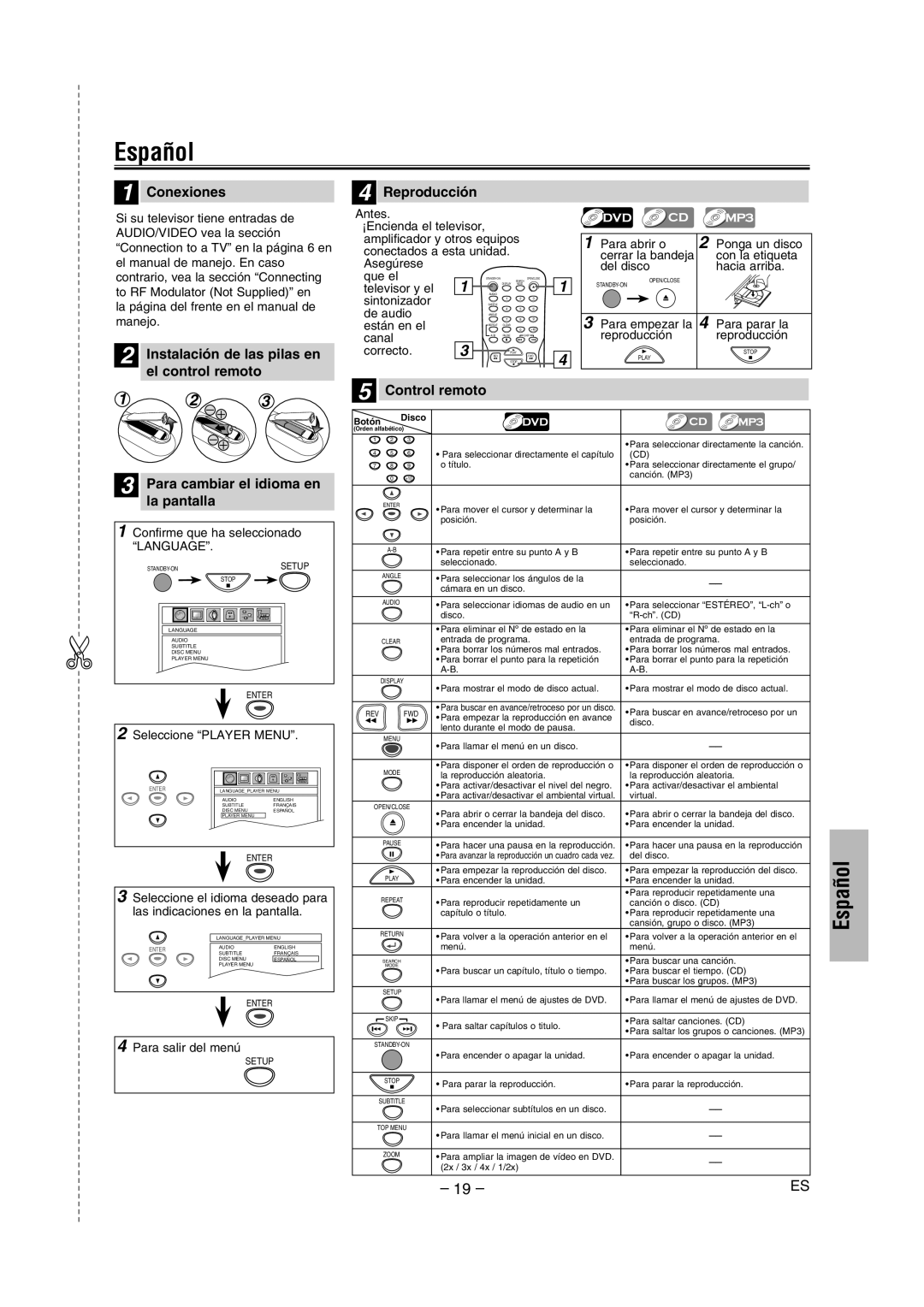 FUNAI DP100HH8A Español, Conexiones, Instalación de las pilas en el control remoto Reproducción, Control remoto 