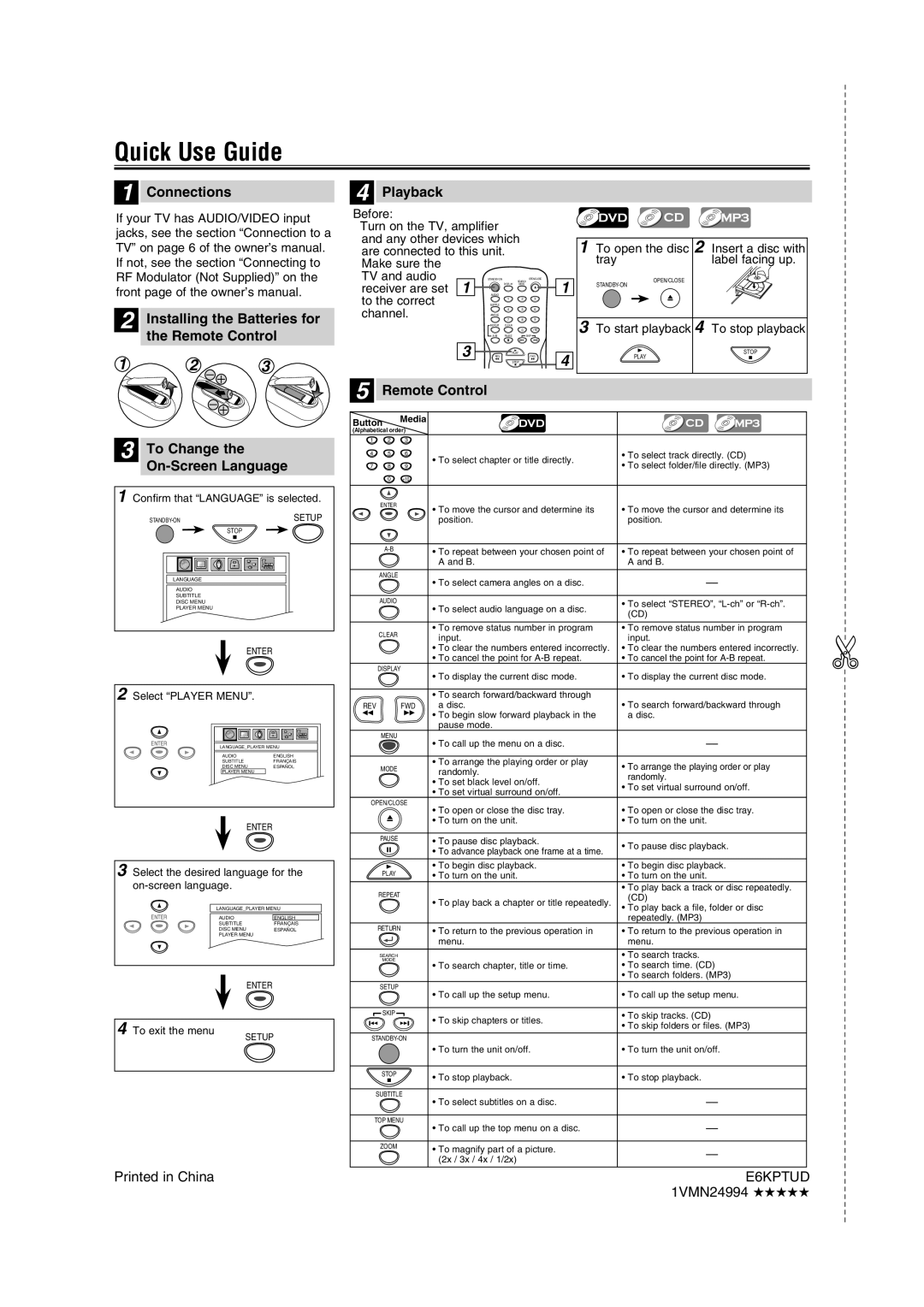 FUNAI DP100HH8A owner manual Quick Use Guide, Connections Playback, To Change the On-Screen Language 