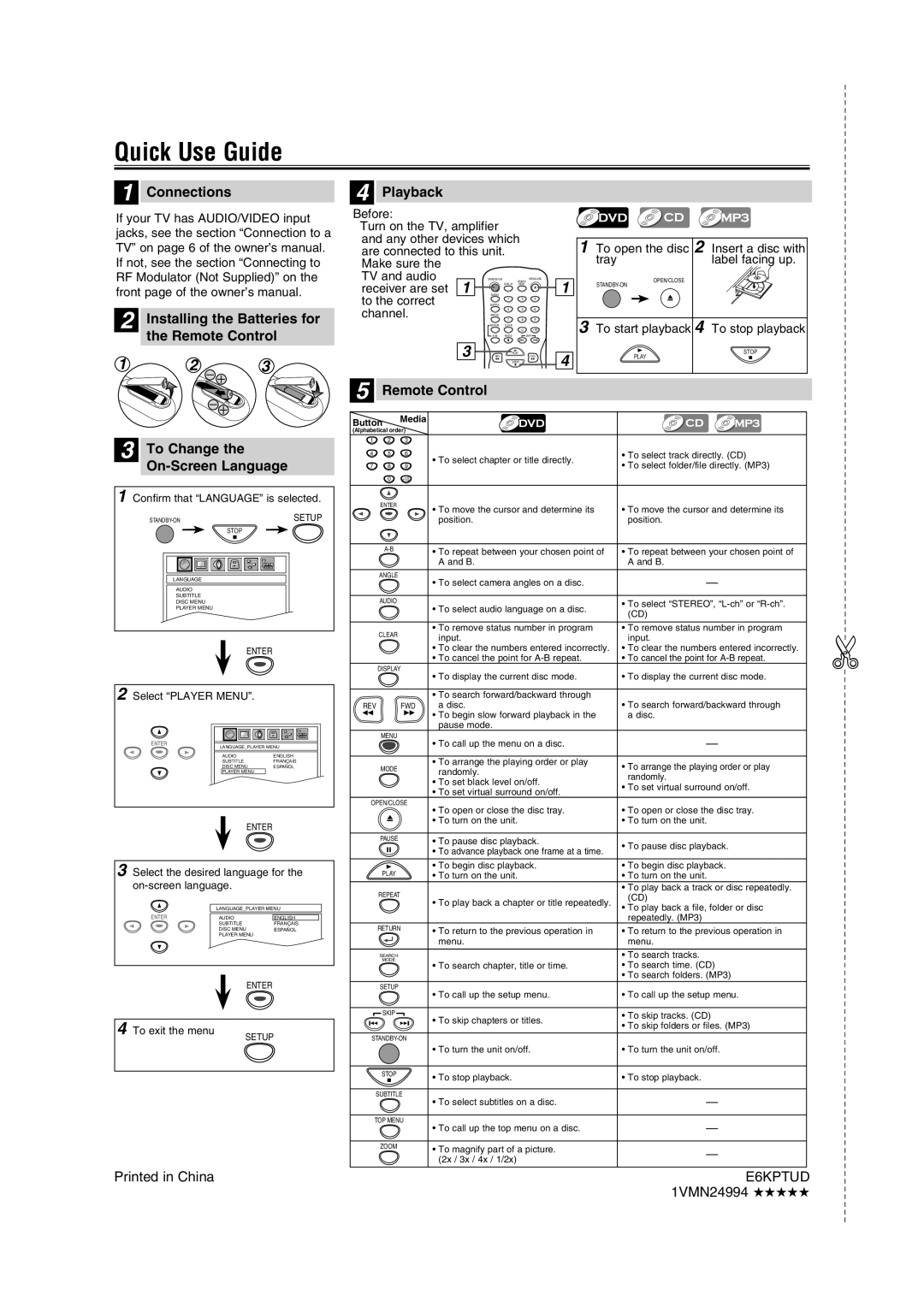 FUNAI DP100HH8A owner manual Quick Use Guide, Connections, Playback, Installing the Batteries for the Remote Control 
