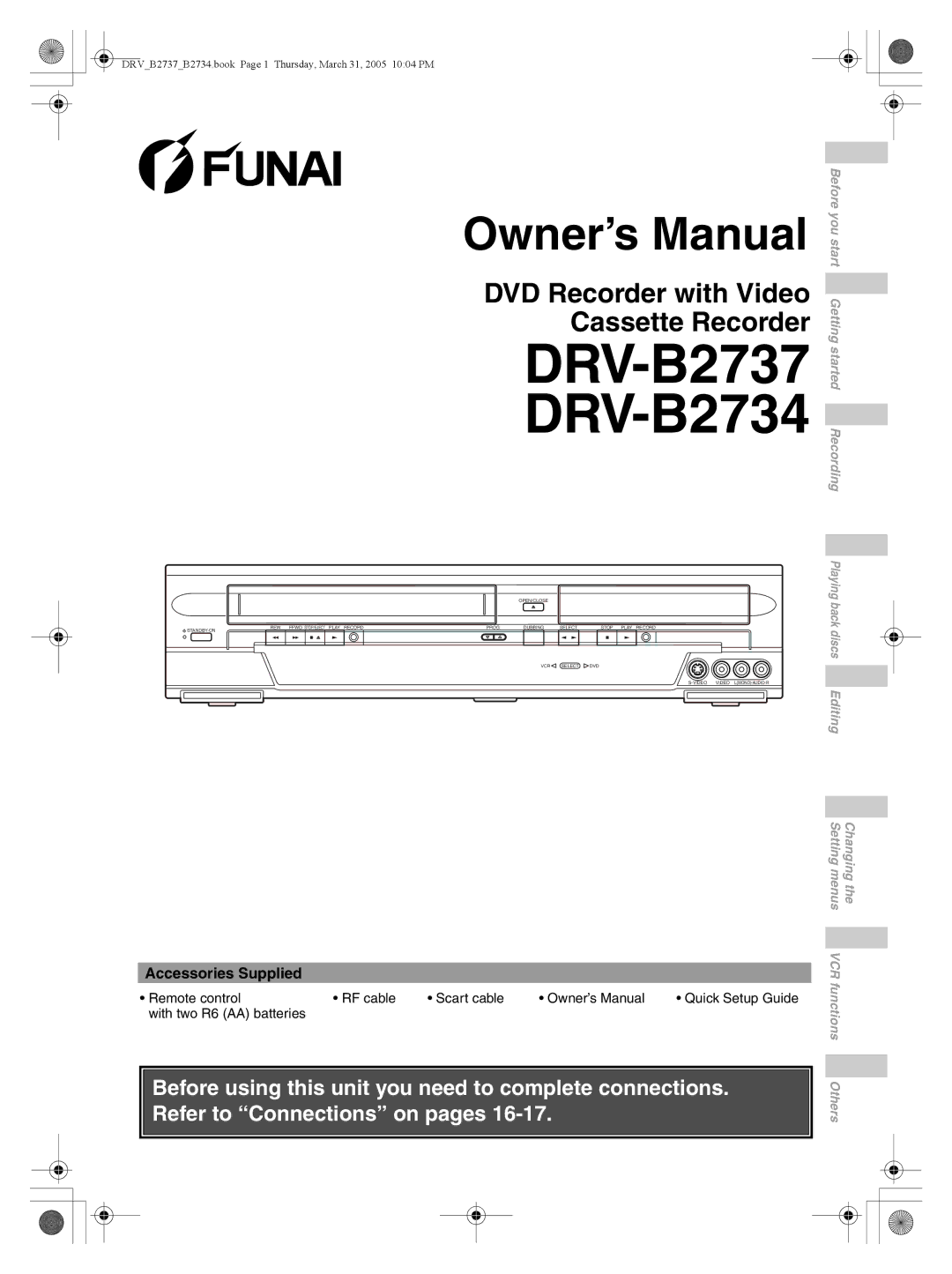 FUNAI DRV-B2737, DRV-B2734 owner manual Accessories Supplied, Quick Setup Guide 