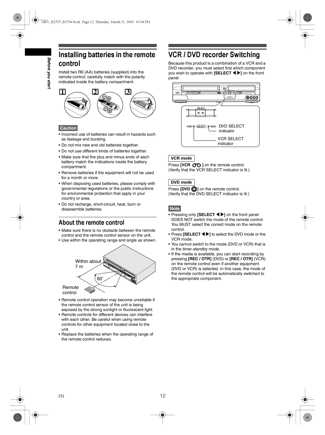 FUNAI DRV-B2734 Installing batteries in the remote control, VCR / DVD recorder Switching, About the remote control 