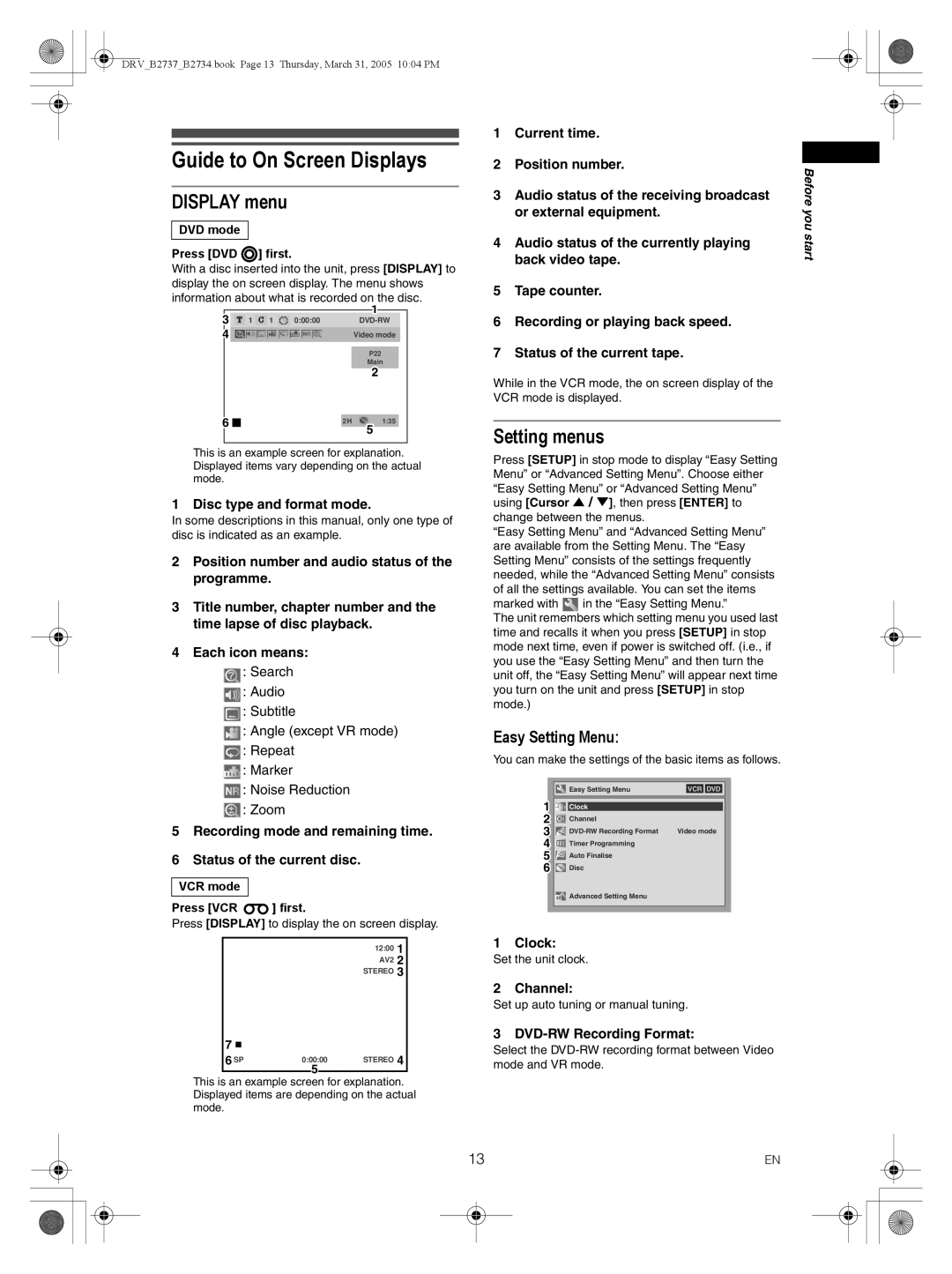 FUNAI DRV-B2737, DRV-B2734 owner manual Guide to On Screen Displays, Display menu, Setting menus, Easy Setting Menu 