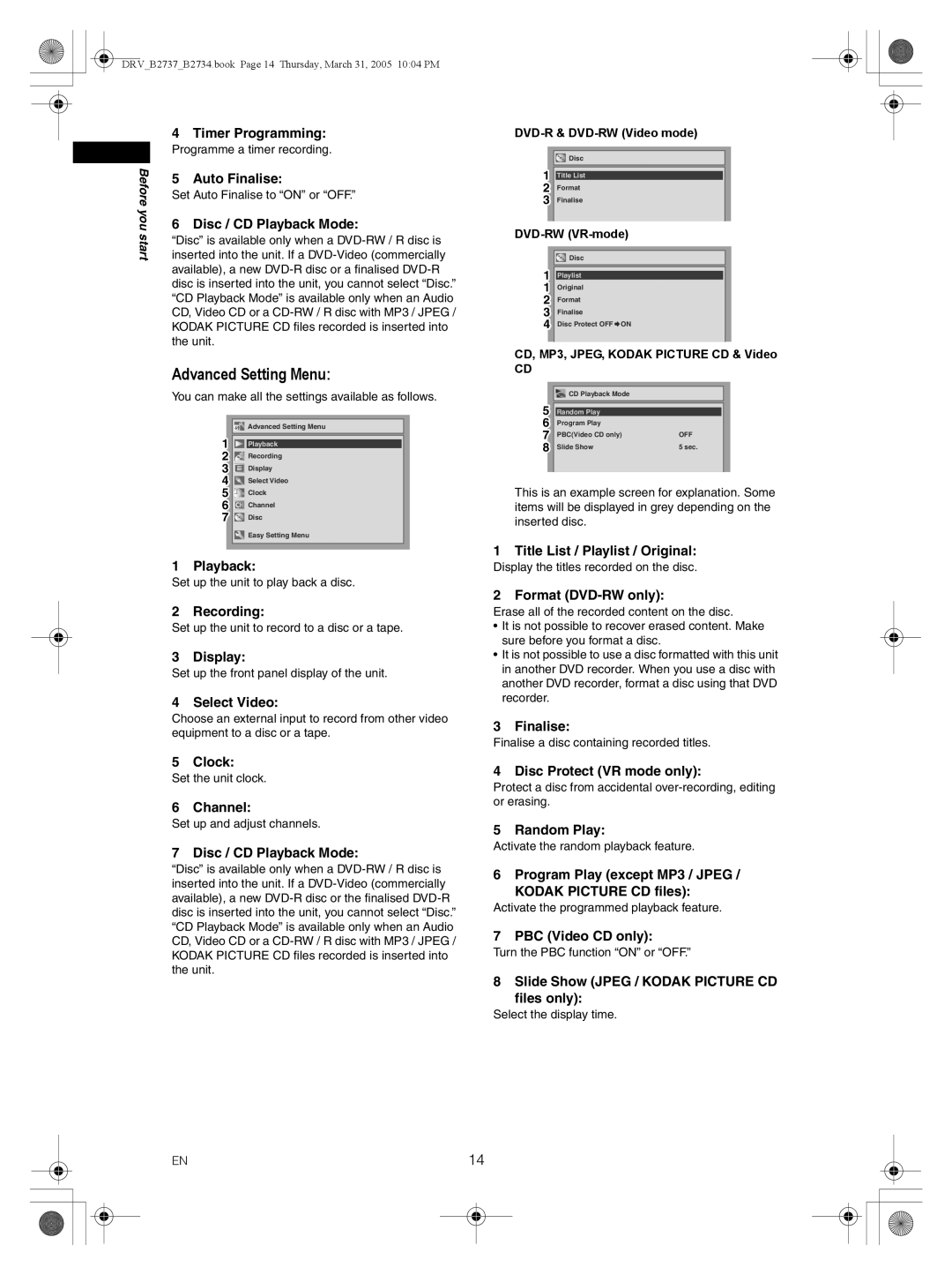 FUNAI DRV-B2734, DRV-B2737 owner manual Advanced Setting Menu 