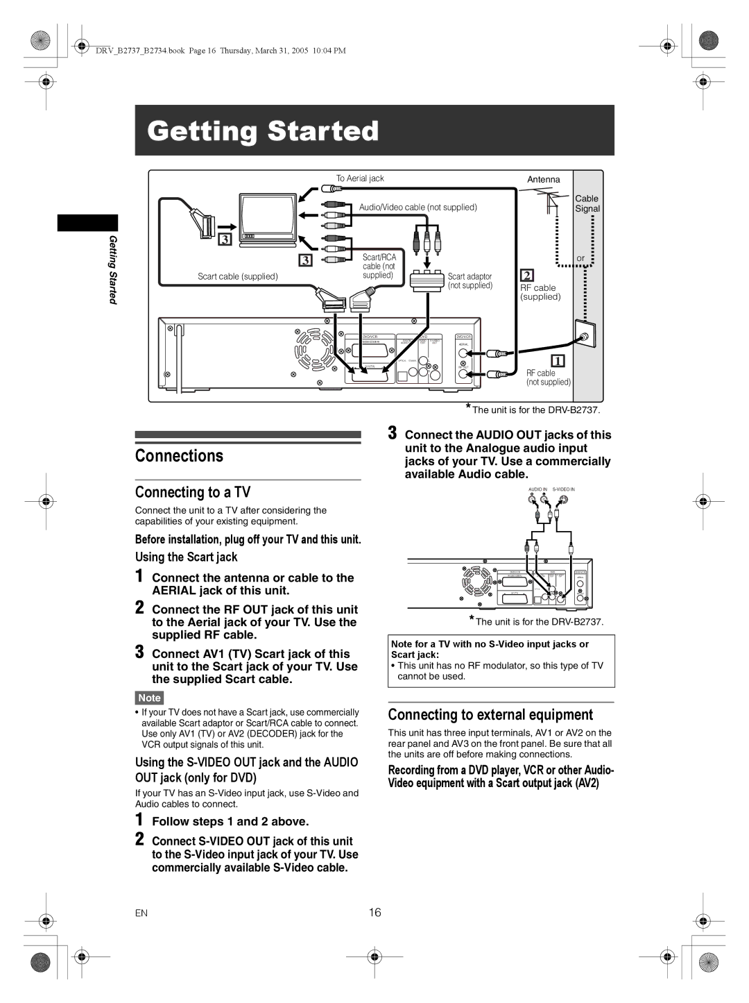 FUNAI DRV-B2734, DRV-B2737 owner manual Getting Started, Connections, Connecting to a TV, Connecting to external equipment 