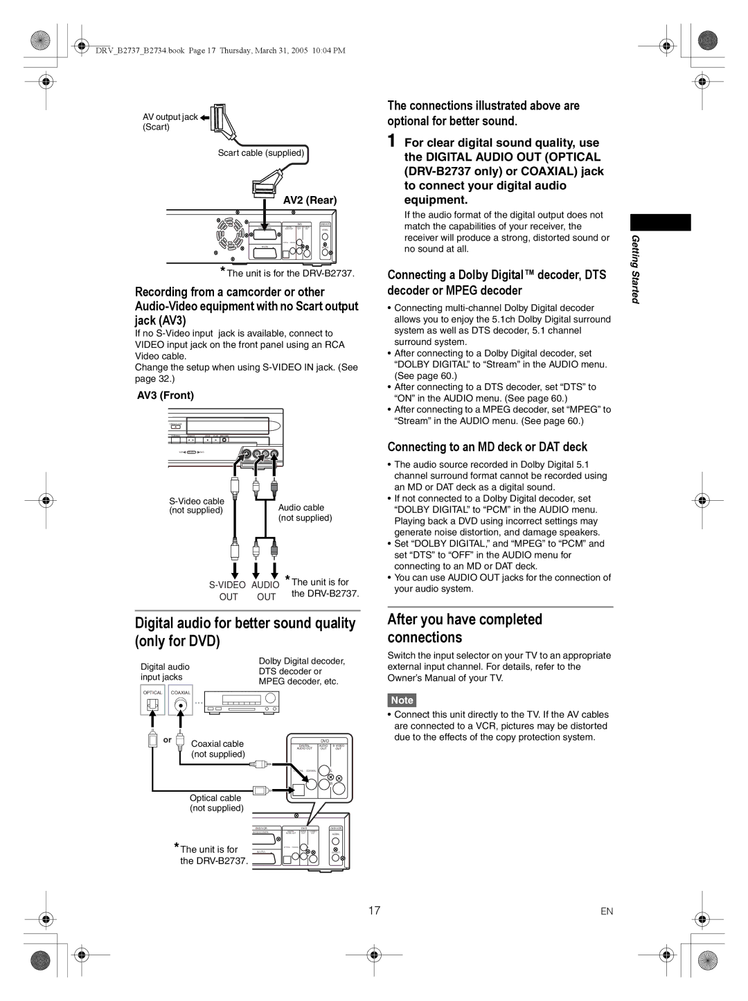 FUNAI DRV-B2737, DRV-B2734 Digital audio for better sound quality only for DVD, After you have completed connections 