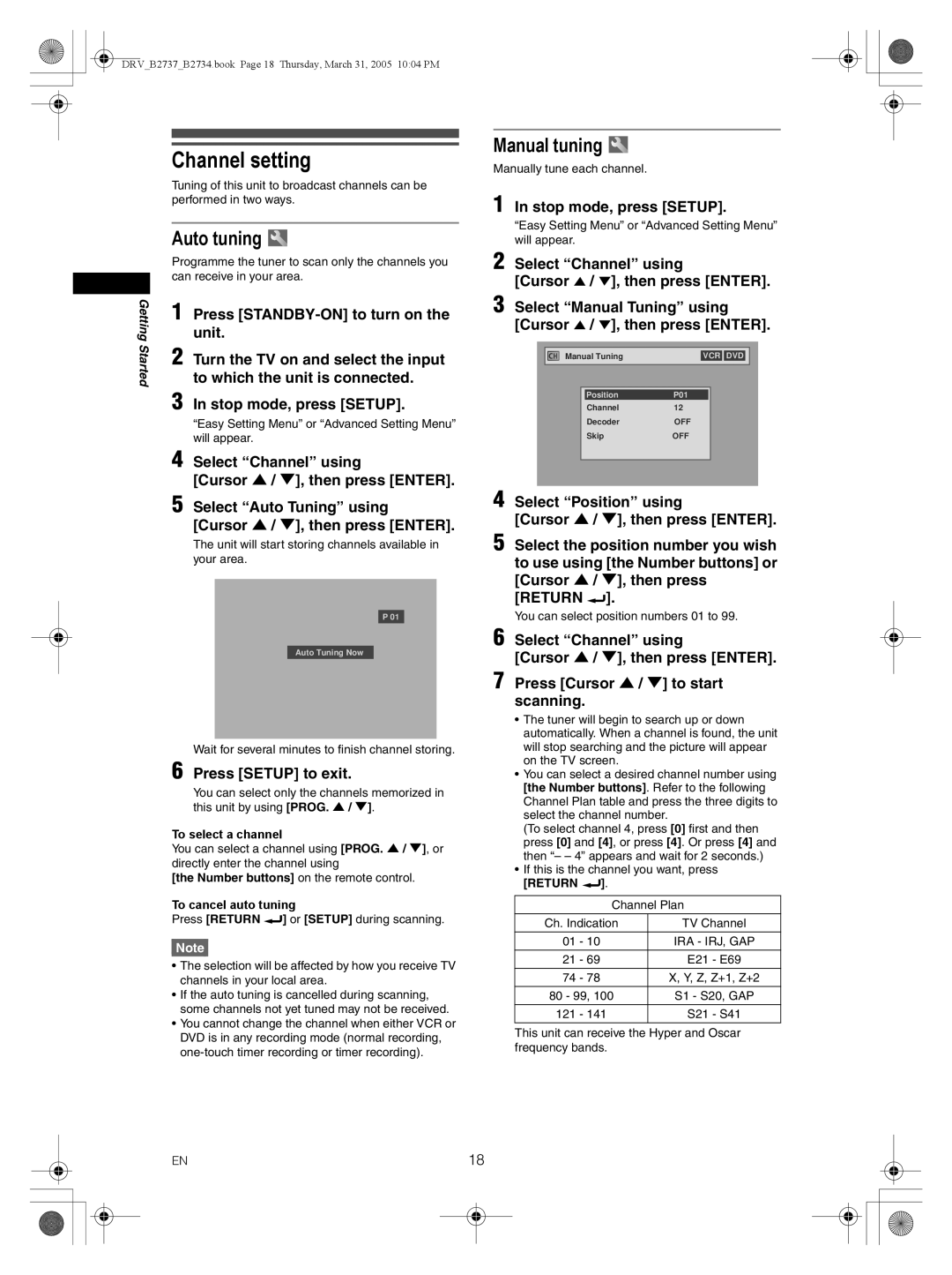 FUNAI DRV-B2734, DRV-B2737 owner manual Channel setting, Auto tuning, Manual tuning, Press Setup to exit 