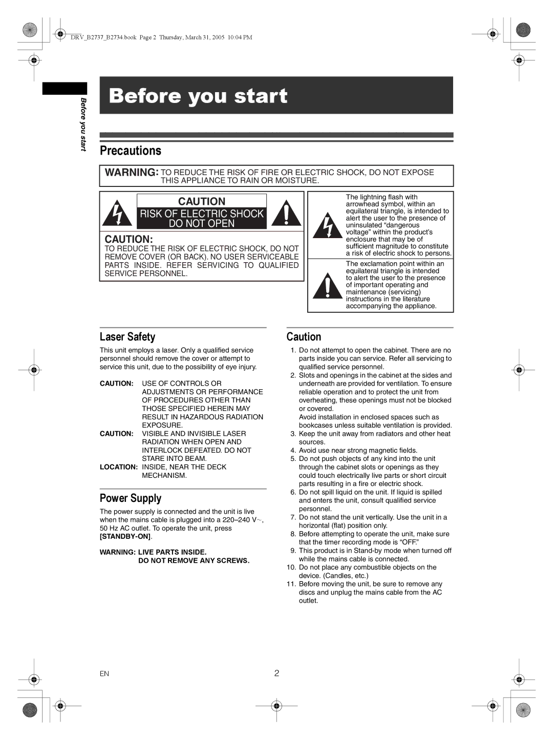 FUNAI DRV-B2734, DRV-B2737 owner manual Before you start, Precautions, Laser Safety, Power Supply 