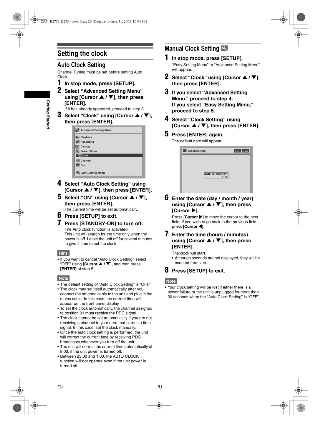 FUNAI DRV-B2734, DRV-B2737 owner manual Setting the clock, Auto Clock Setting, Manual Clock Setting 