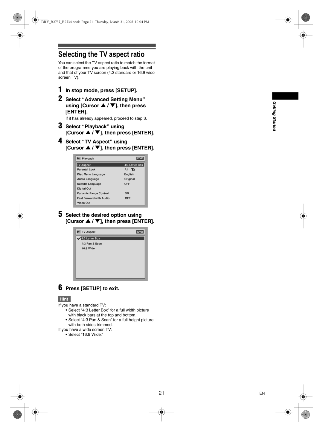 FUNAI DRV-B2737, DRV-B2734 owner manual Selecting the TV aspect ratio, If you have a standard TV 