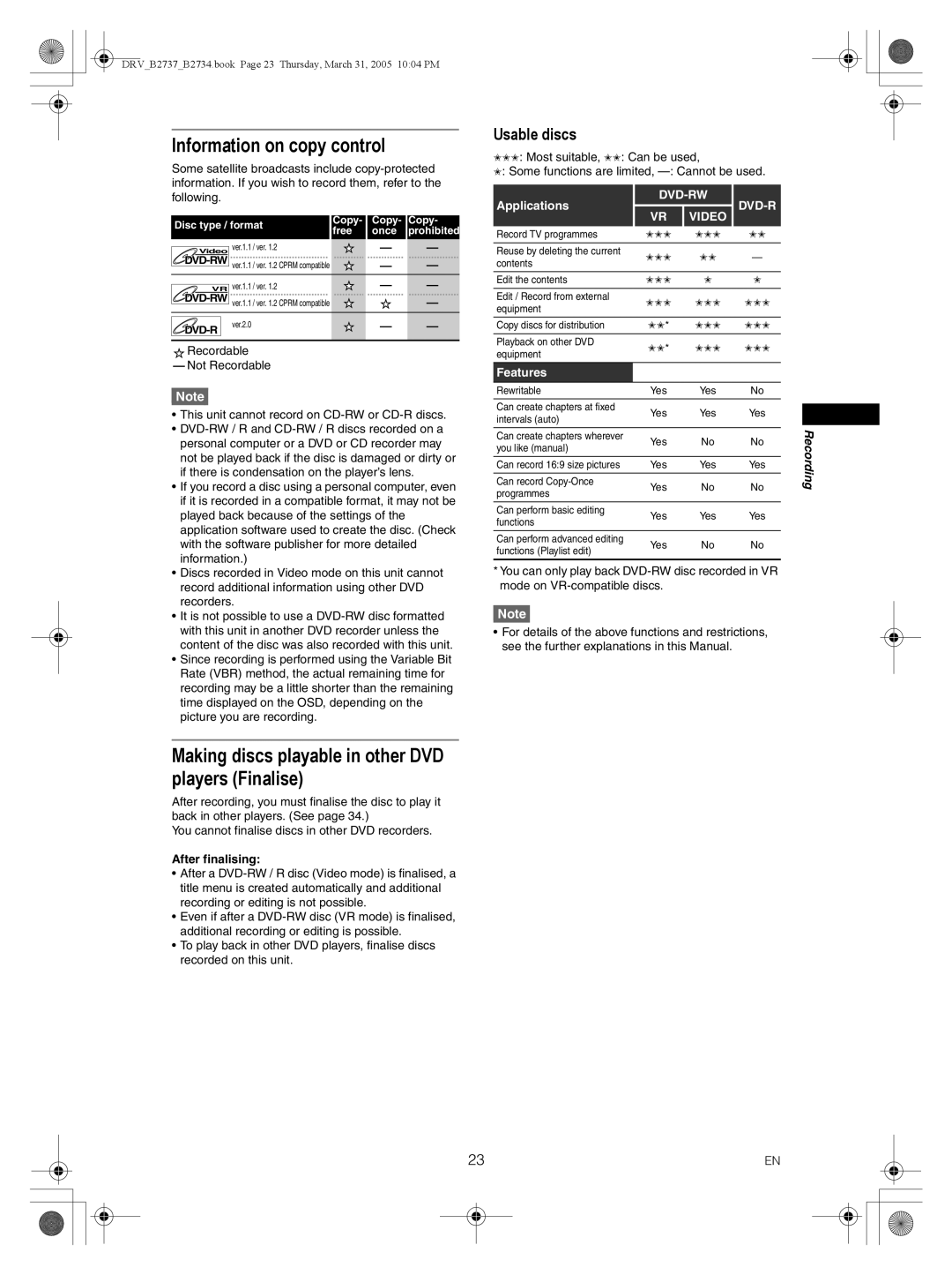 FUNAI DRV-B2737 Information on copy control, Making discs playable in other DVD players Finalise, Usable discs, Features 