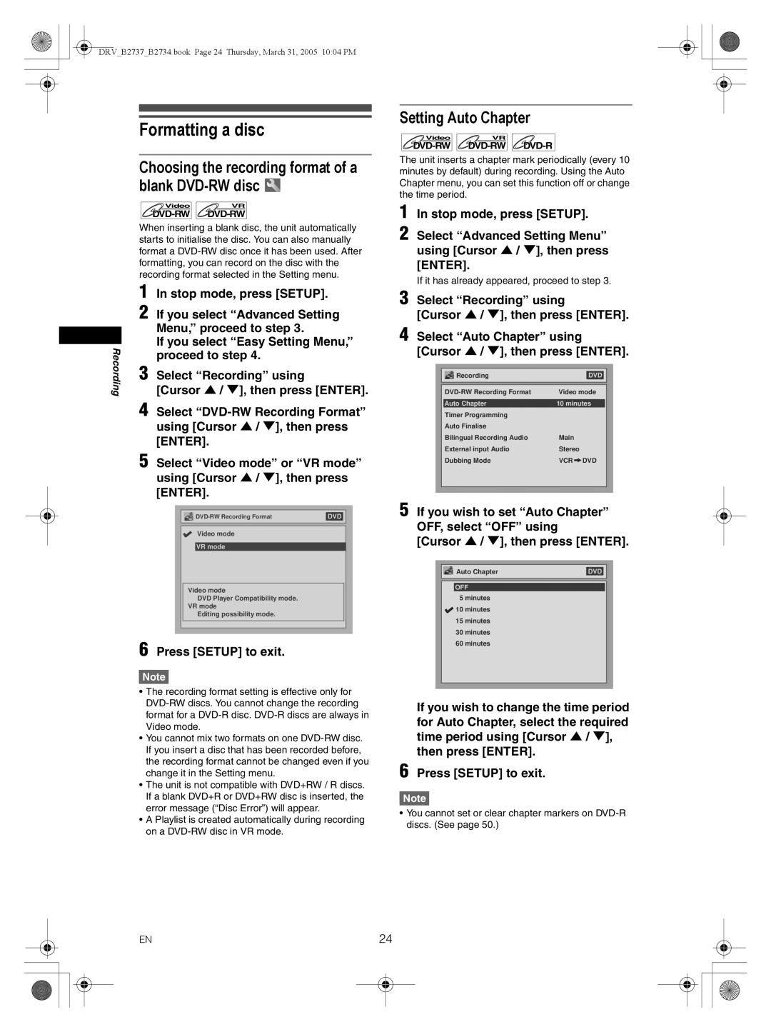 FUNAI DRV-B2734, DRV-B2737 Formatting a disc, Choosing the recording format of a blank DVD-RW disc, Setting Auto Chapter 