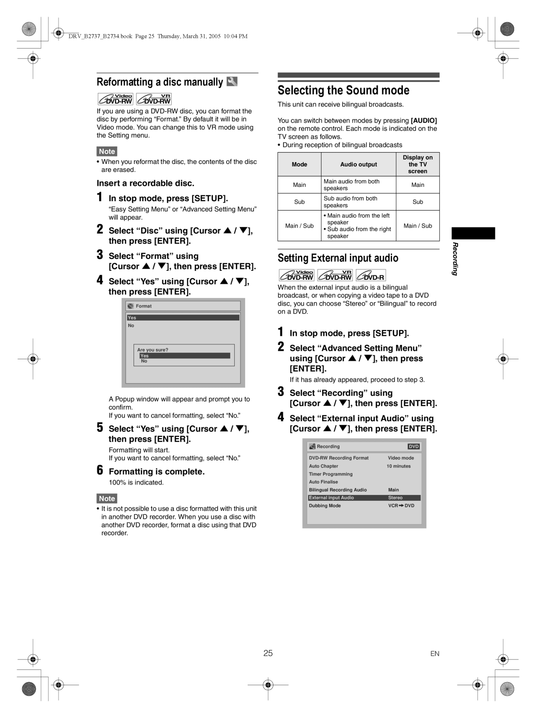 FUNAI DRV-B2737, DRV-B2734 owner manual Selecting the Sound mode, Reformatting a disc manually, Setting External input audio 