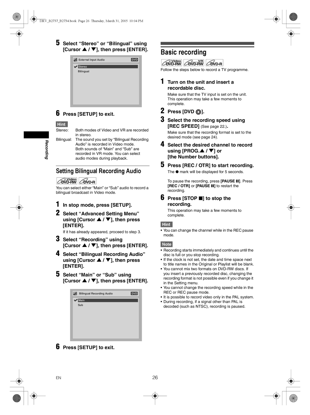 FUNAI DRV-B2734 Basic recording, Setting Bilingual Recording Audio, Turn on the unit and insert a recordable disc 