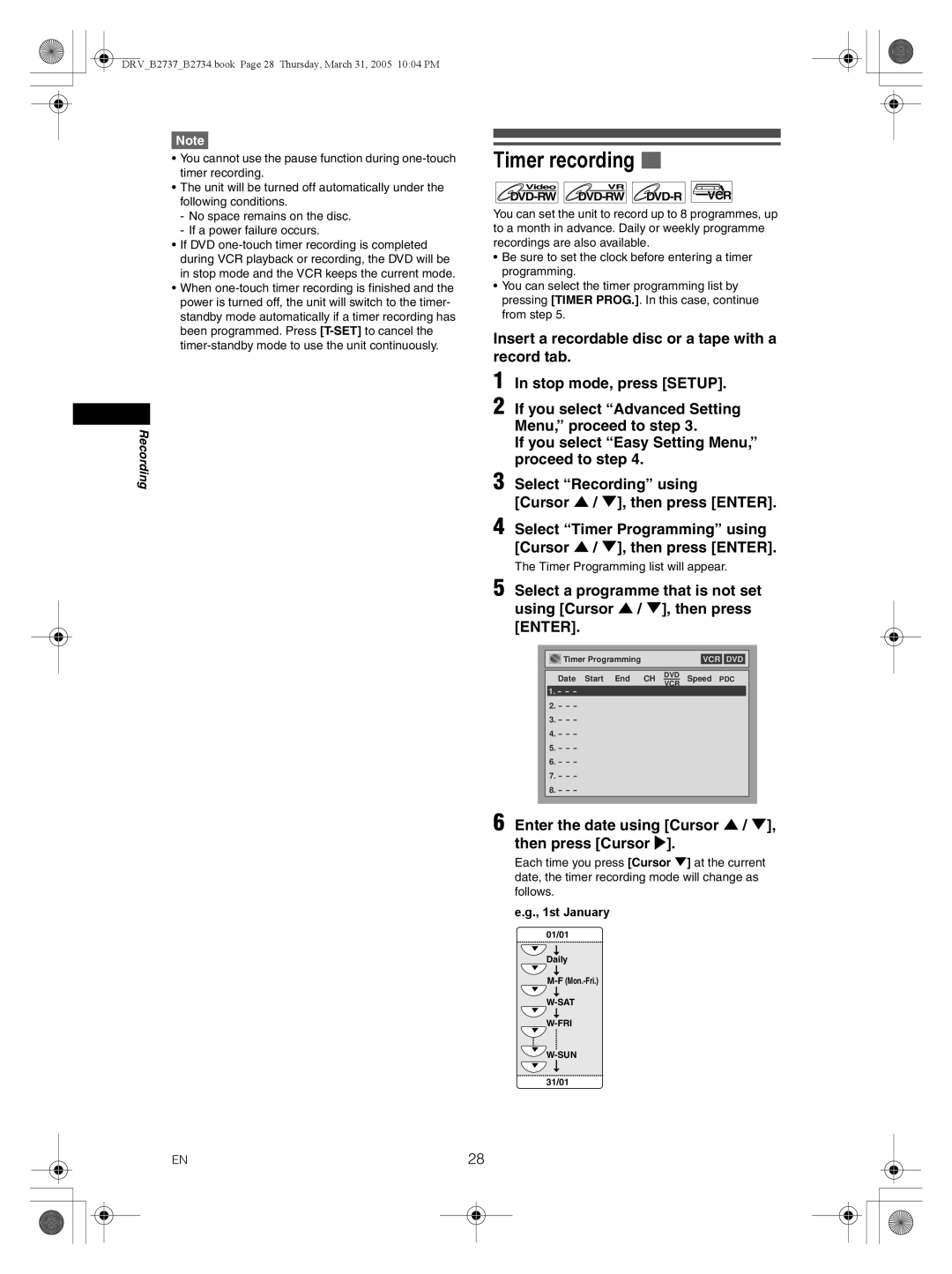 FUNAI DRV-B2734, DRV-B2737 owner manual Timer recording, Enter the date using Cursor U / D, then press Cursor P, 1st January 