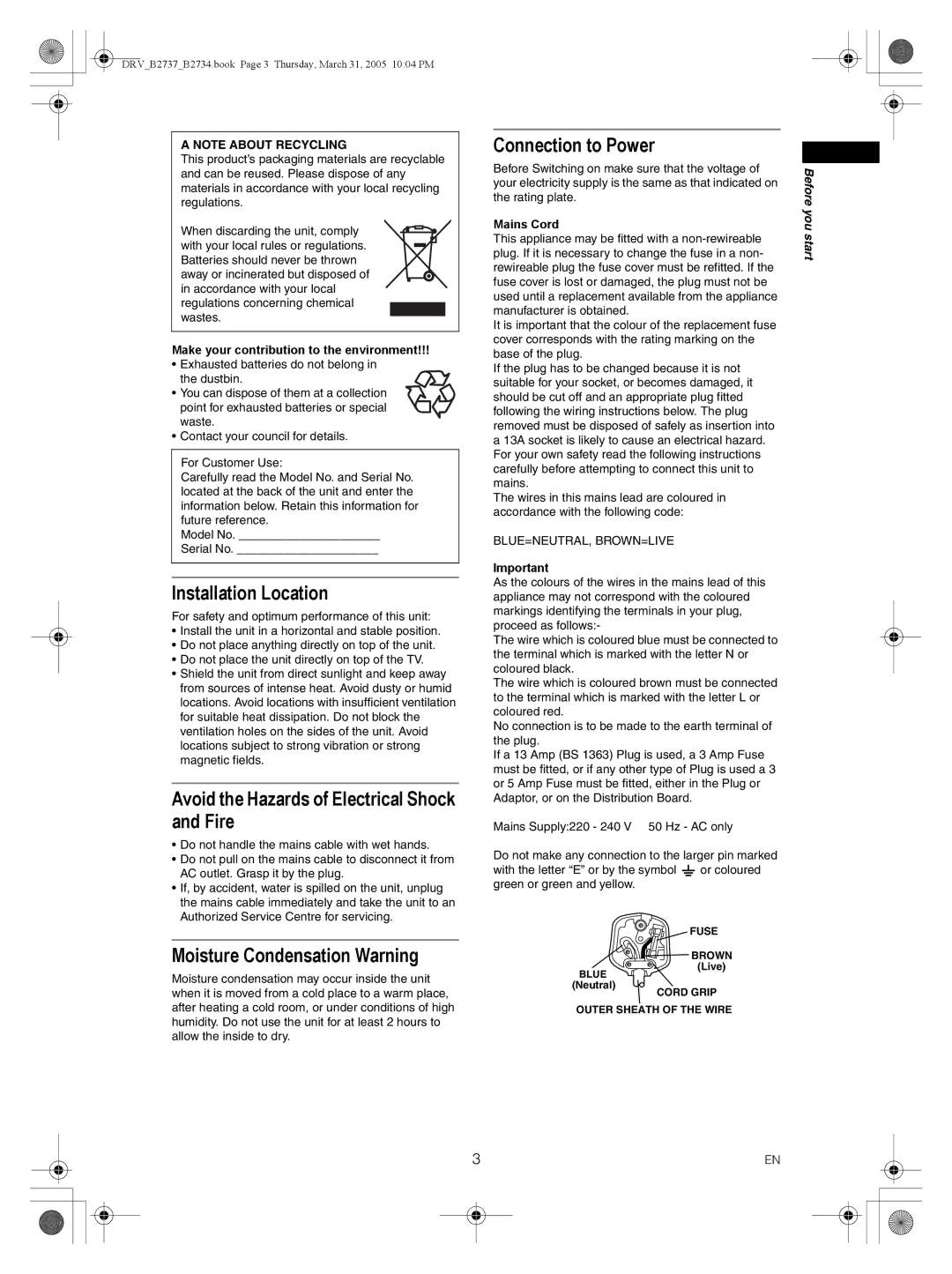 FUNAI DRV-B2737, DRV-B2734 Installation Location, Avoid the Hazards of Electrical Shock and Fire, Connection to Power 