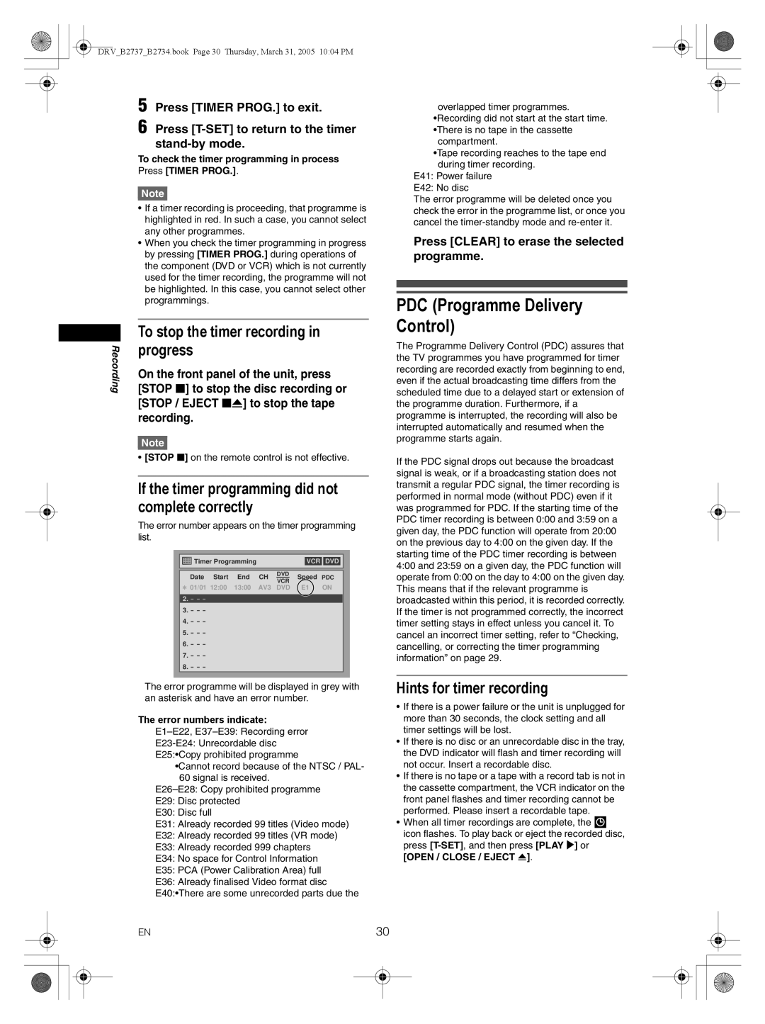 FUNAI DRV-B2734 PDC Programme Delivery Control, To stop the timer recording in progress, Hints for timer recording 