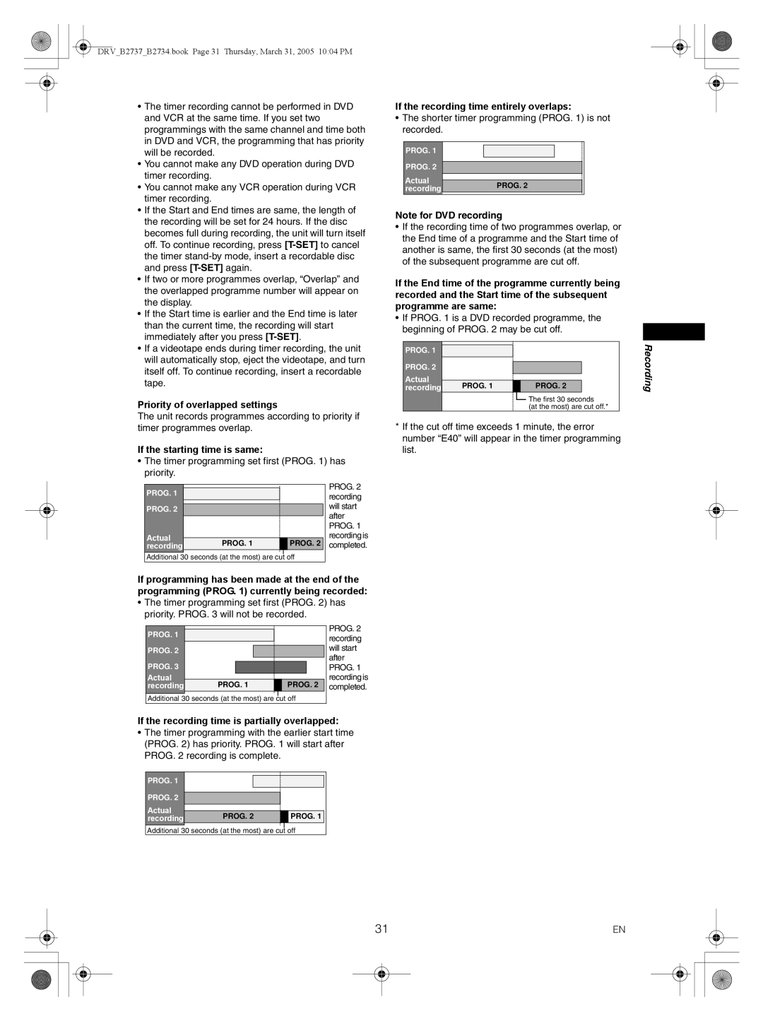 FUNAI DRV-B2737 Priority of overlapped settings, If the starting time is same, If the recording time entirely overlaps 