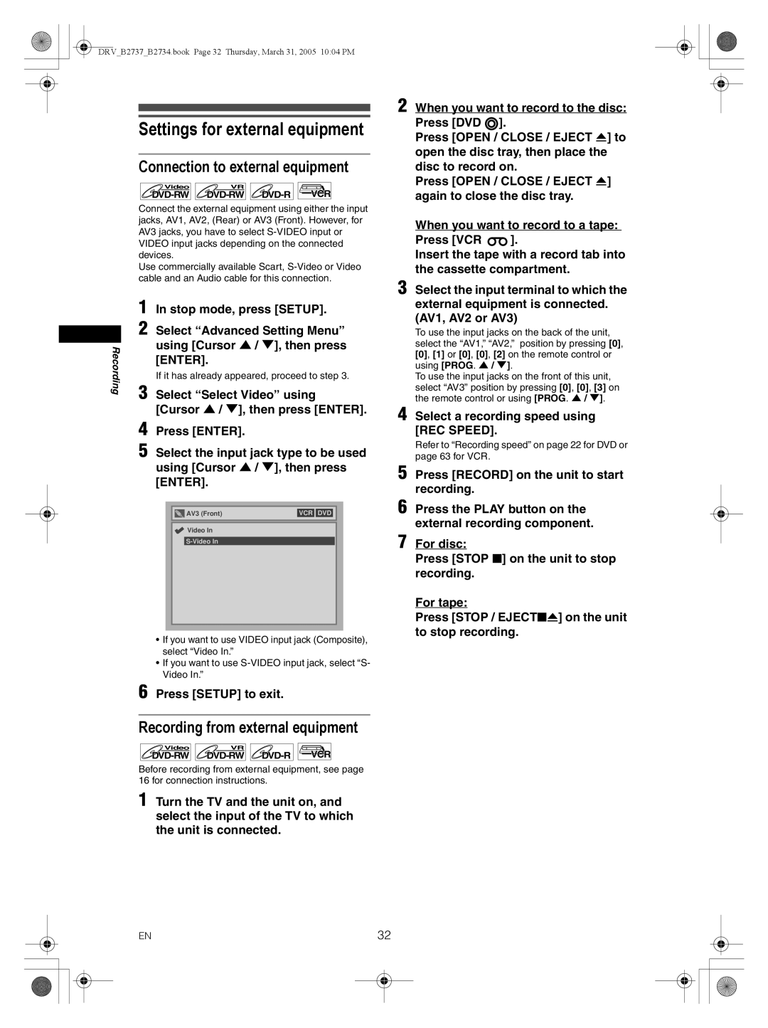 FUNAI DRV-B2734 Settings for external equipment, Connection to external equipment, Recording from external equipment 