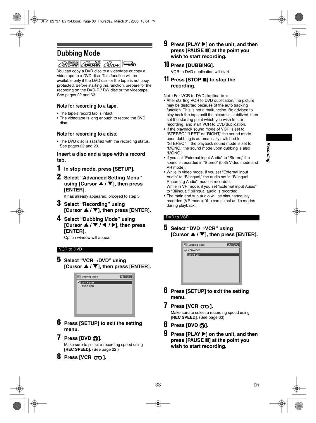 FUNAI DRV-B2737, DRV-B2734 owner manual Dubbing Mode, Select VCR→DVD using Cursor U / D, then press Enter 