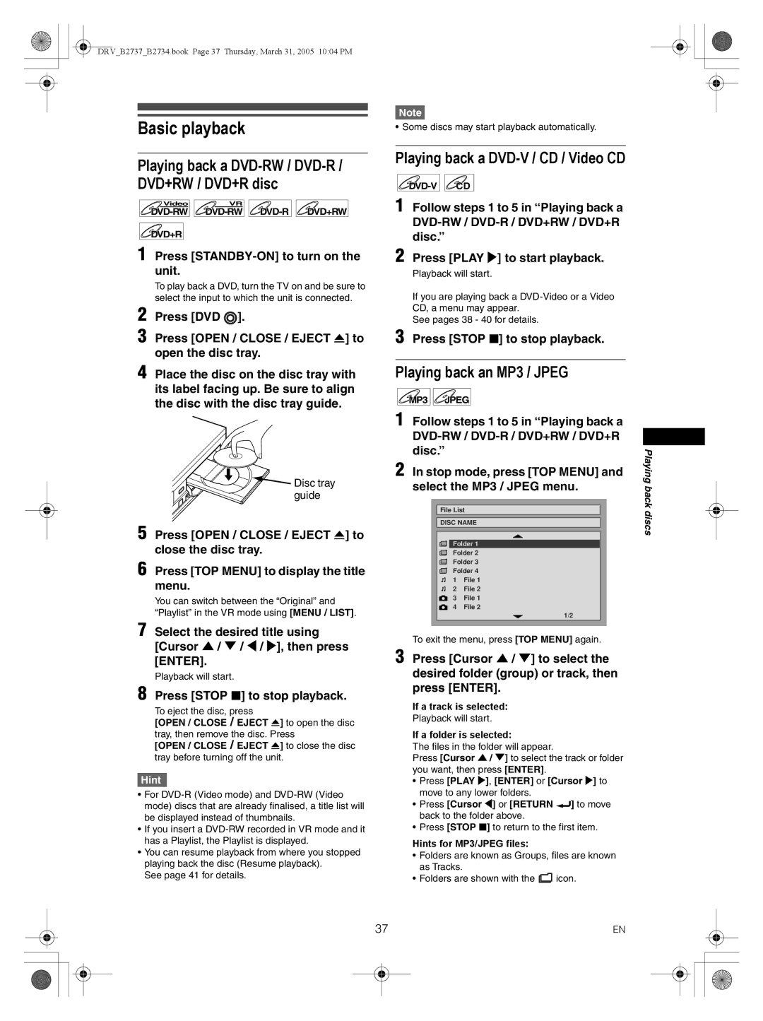 FUNAI DRV-B2737 Basic playback, Playing back a DVD-RW / DVD-R / DVD+RW / DVD+R disc, Playing back a DVD-V / CD / Video CD 