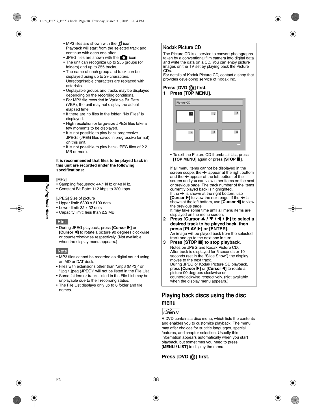 FUNAI DRV-B2734 Playing back discs using the disc menu, Kodak Picture CD, Press DVD first, Press Stop S to stop playback 