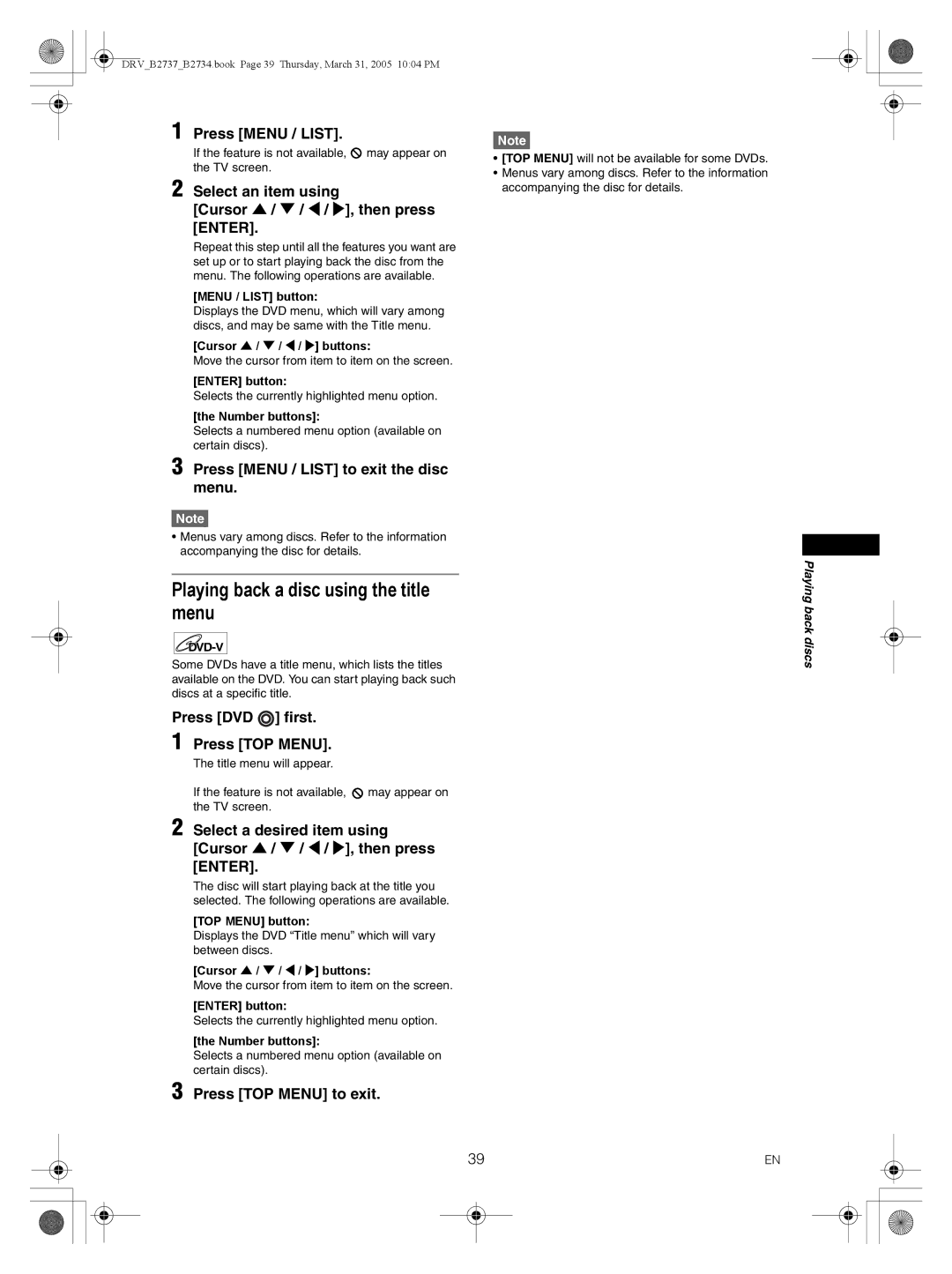 FUNAI DRV-B2737, DRV-B2734 owner manual Playing back a disc using the title menu 