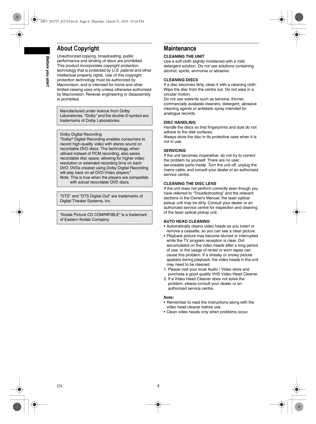 FUNAI DRV-B2734, DRV-B2737 owner manual About Copyright, Maintenance, Cleaning the Unit 