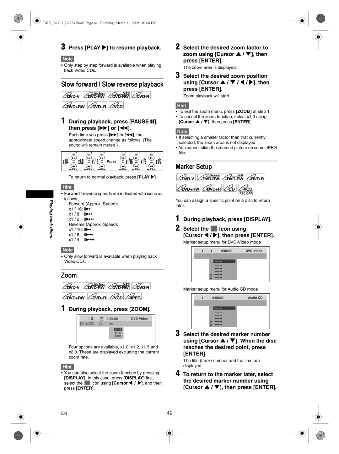 FUNAI DRV-B2734, DRV-B2737 owner manual Slow forward / Slow reverse playback, Zoom, Marker Setup 