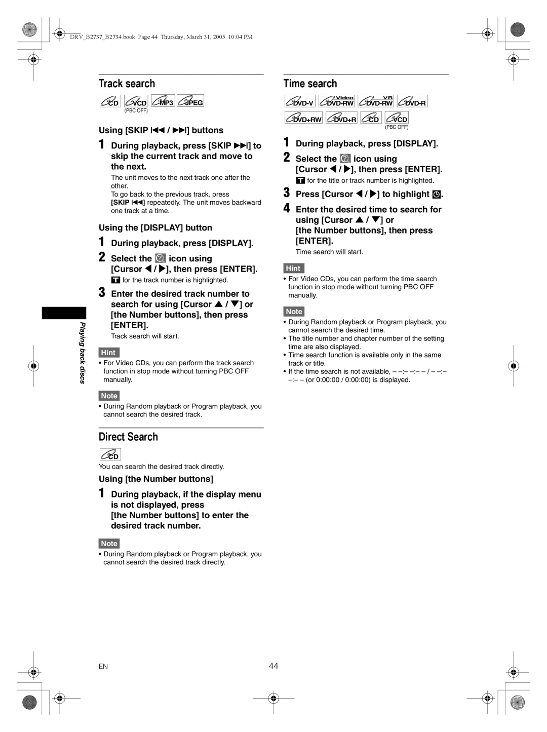 FUNAI DRV-B2734, DRV-B2737 owner manual Track search, Direct Search 