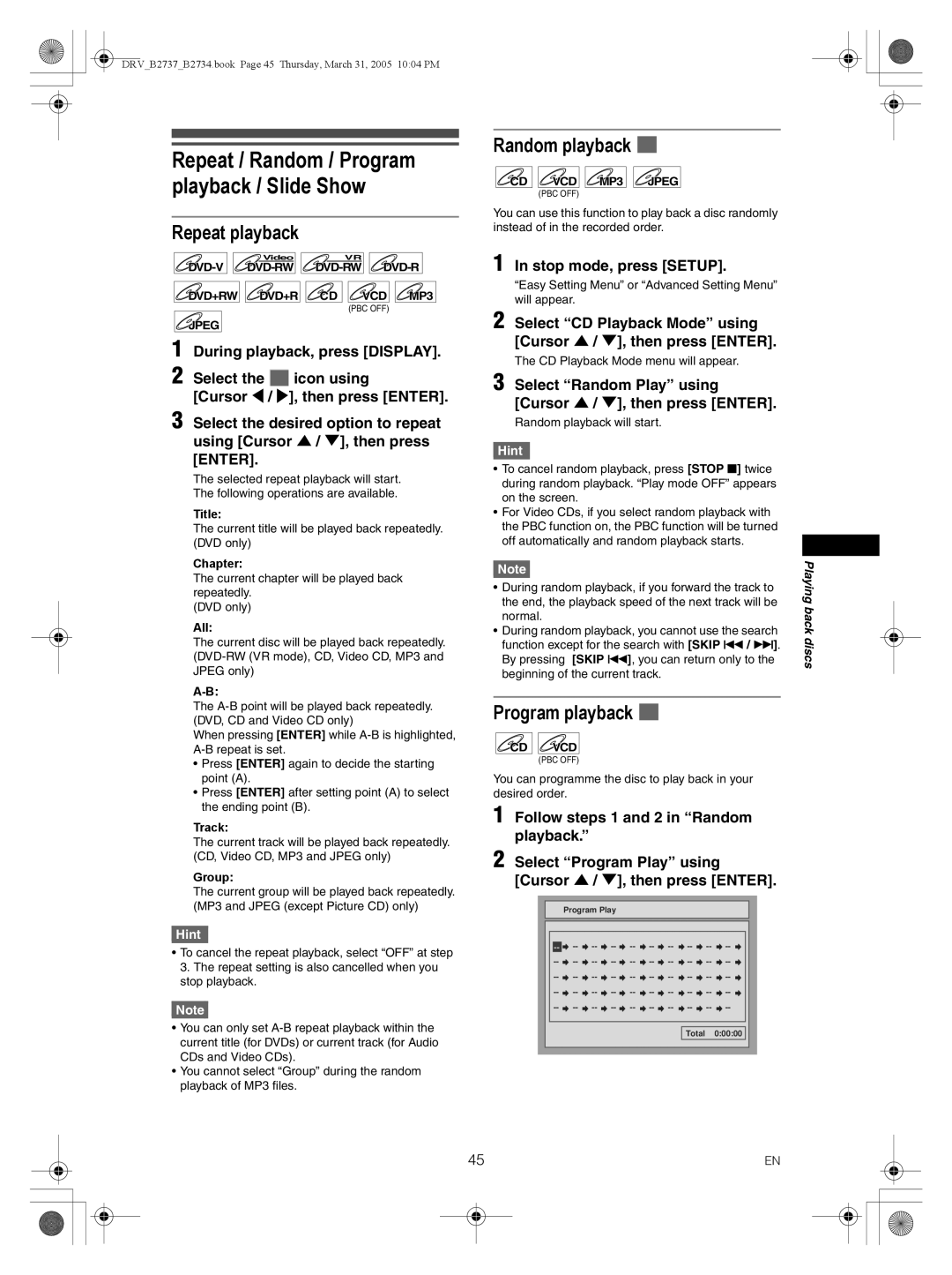 FUNAI DRV-B2737, DRV-B2734 owner manual Repeat / Random / Program playback / Slide Show, Repeat playback, Random playback 