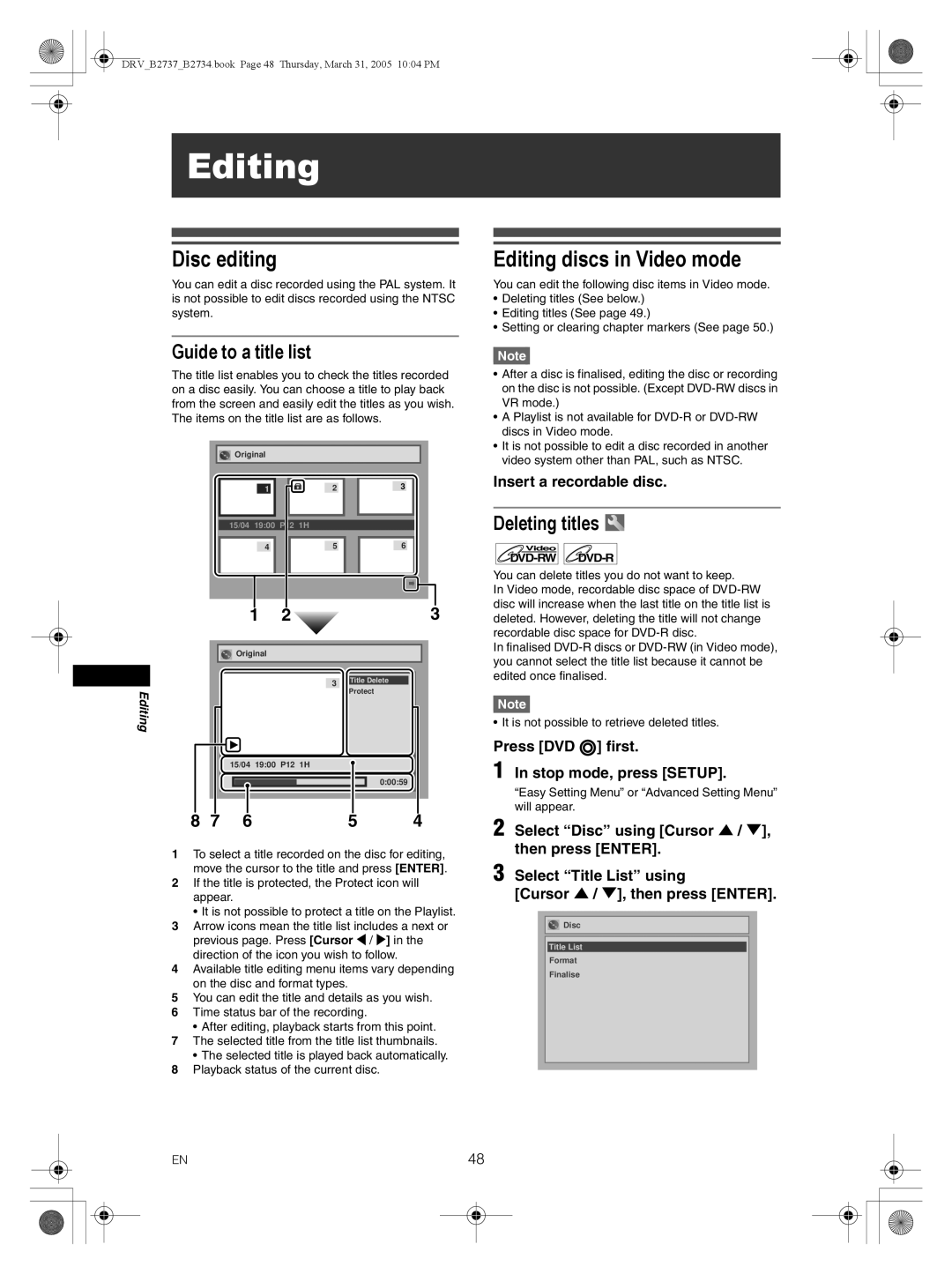 FUNAI DRV-B2734, DRV-B2737 Disc editing, Editing discs in Video mode, Guide to a title list, Deleting titles 