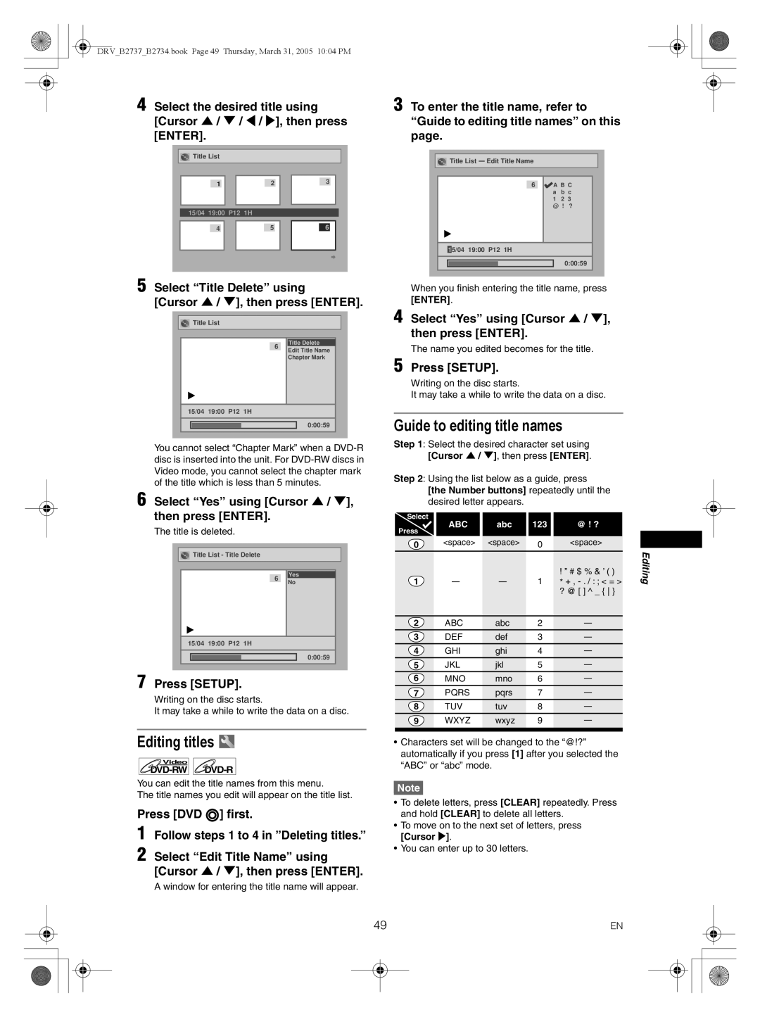 FUNAI DRV-B2737, DRV-B2734 owner manual Guide to editing title names, Editing titles, Press Setup 