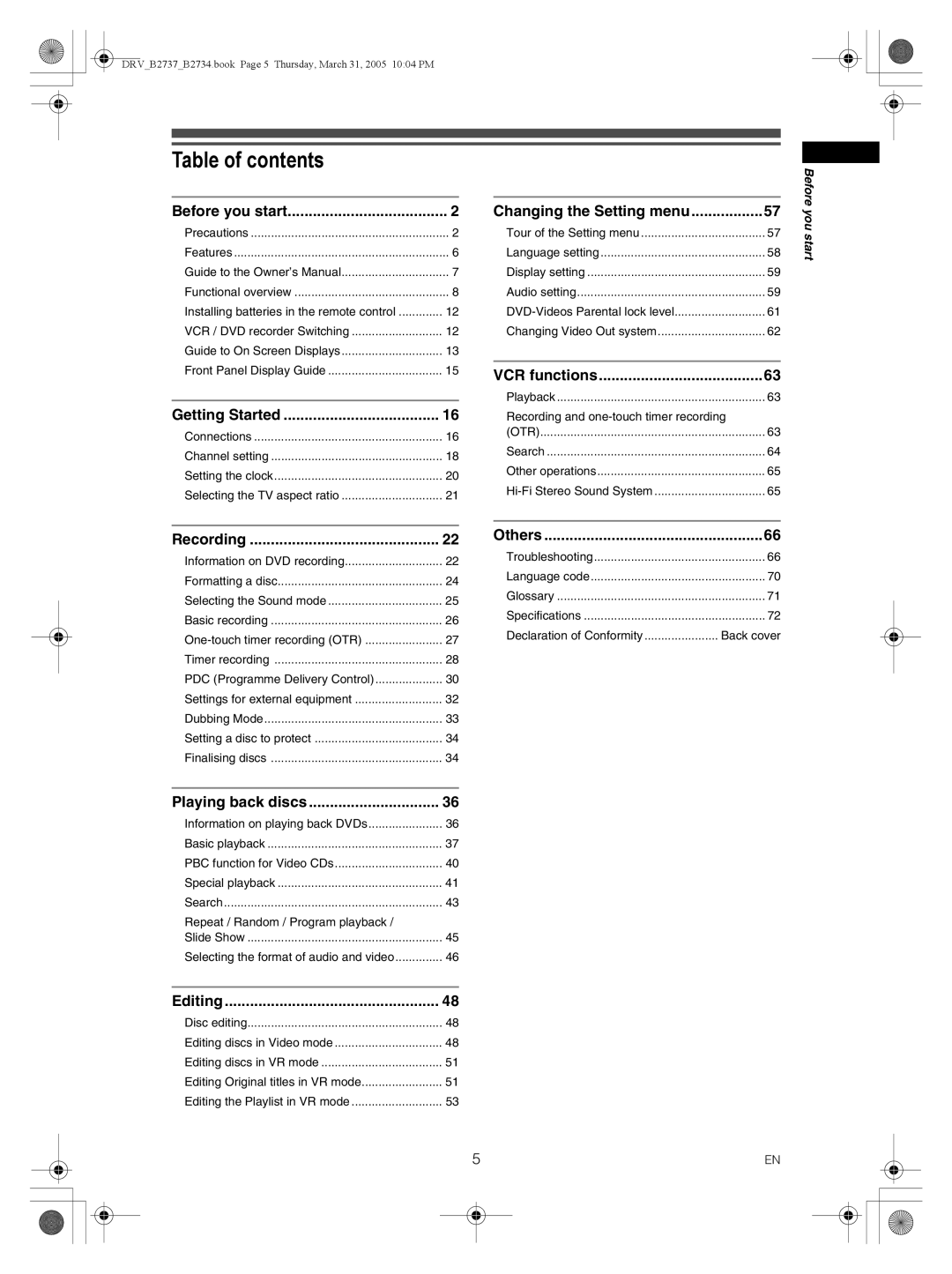 FUNAI DRV-B2737, DRV-B2734 owner manual Table of contents 