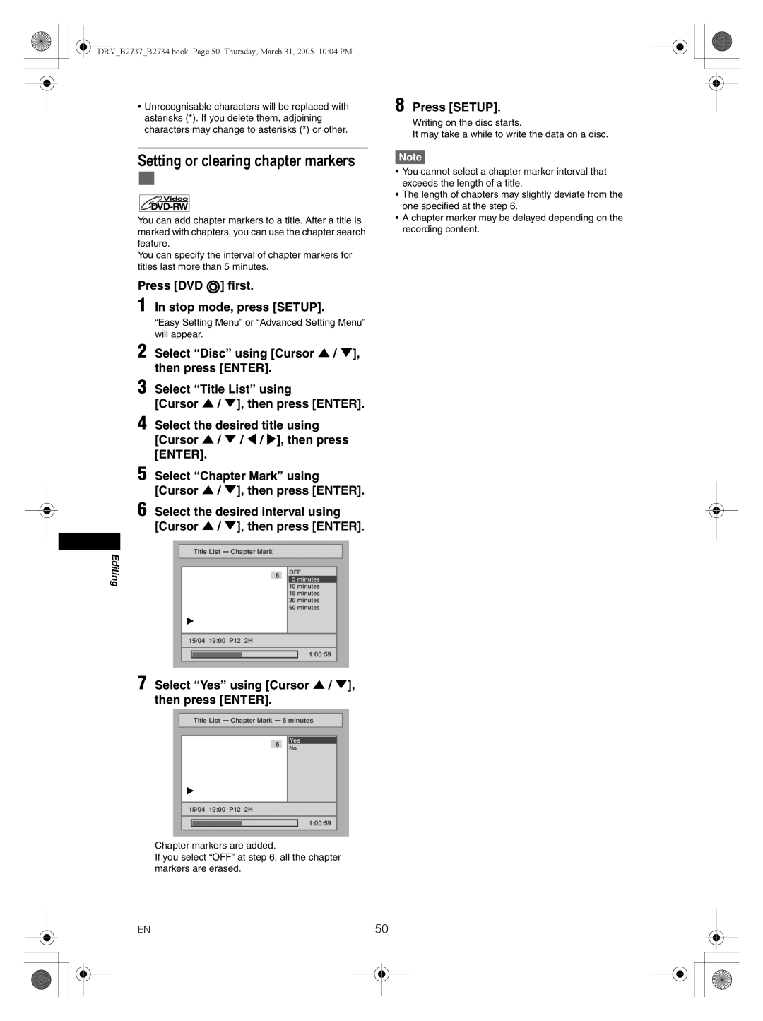 FUNAI DRV-B2734, DRV-B2737 owner manual Setting or clearing chapter markers, Then press Enter 