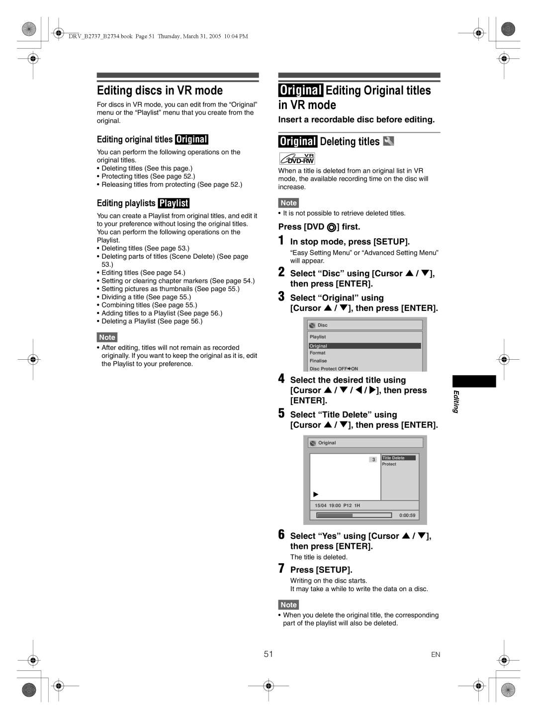 FUNAI DRV-B2737, DRV-B2734 Editing discs in VR mode, Original Editing Original titles in VR mode, Original Deleting titles 