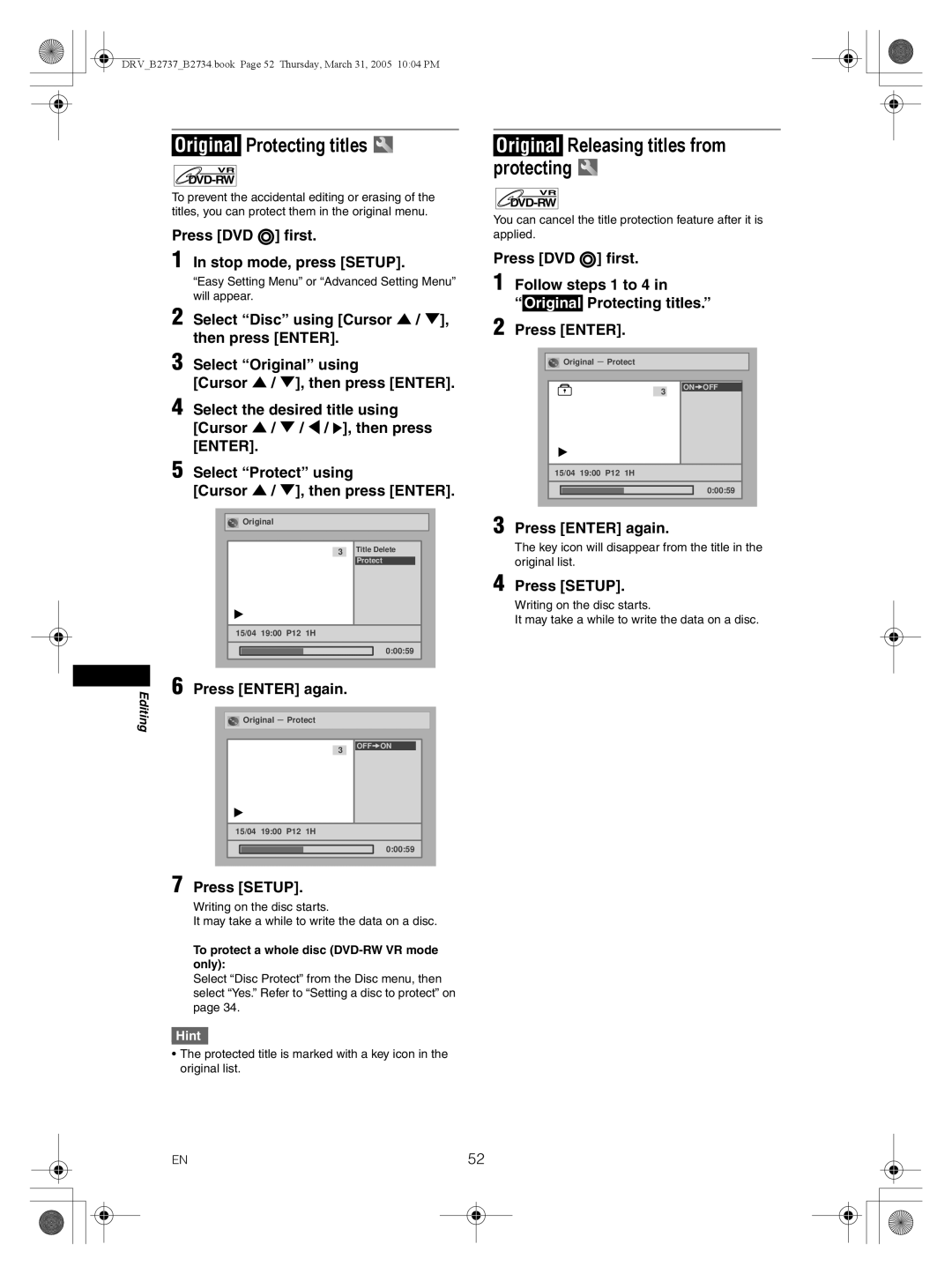 FUNAI DRV-B2734, DRV-B2737 owner manual Original Protecting titles, Original Releasing titles from protecting 