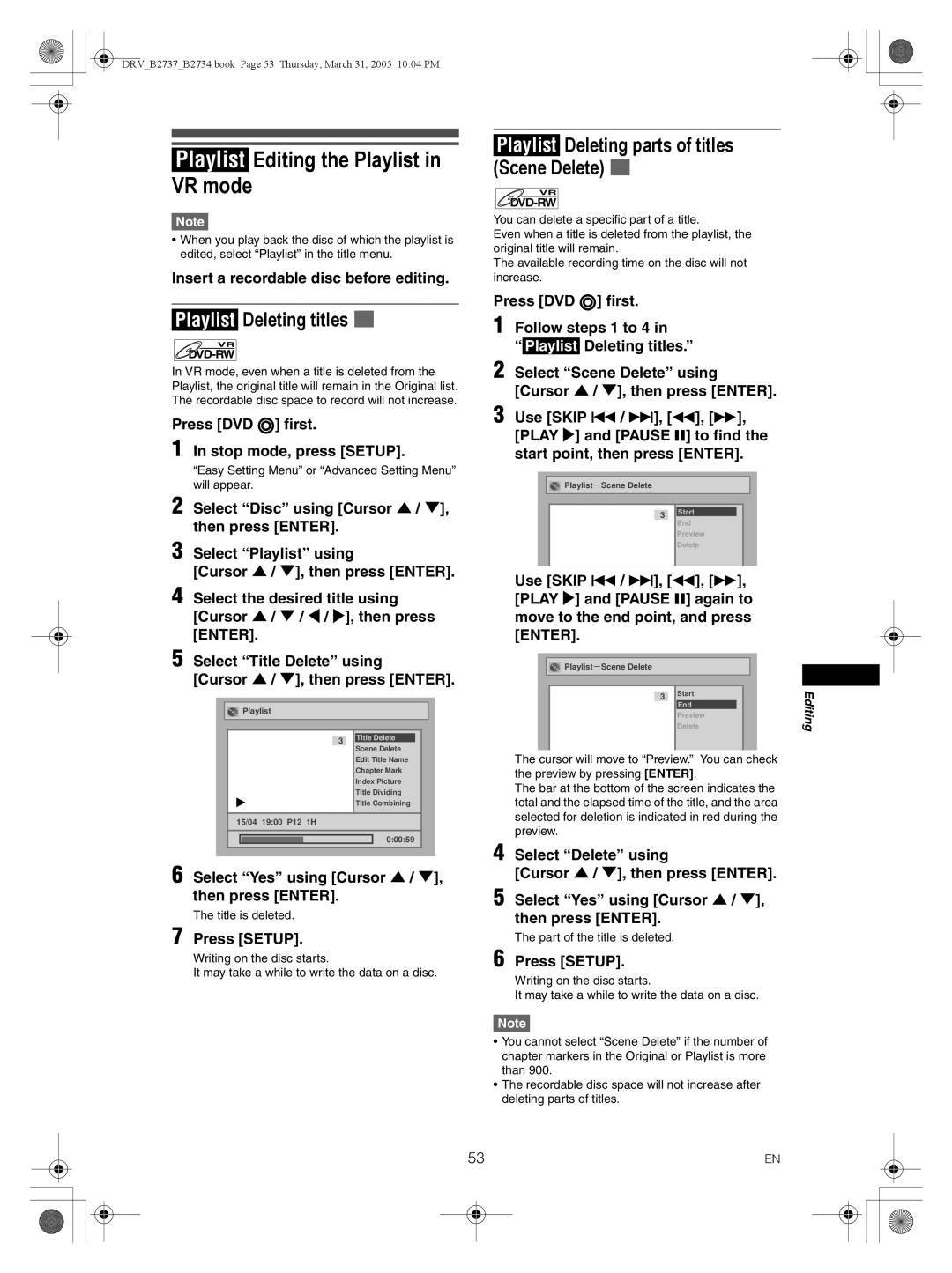 FUNAI DRV-B2737 Playlist Editing the Playlist in VR mode, Playlist Deleting titles, Select Yes using Cursor U / D 