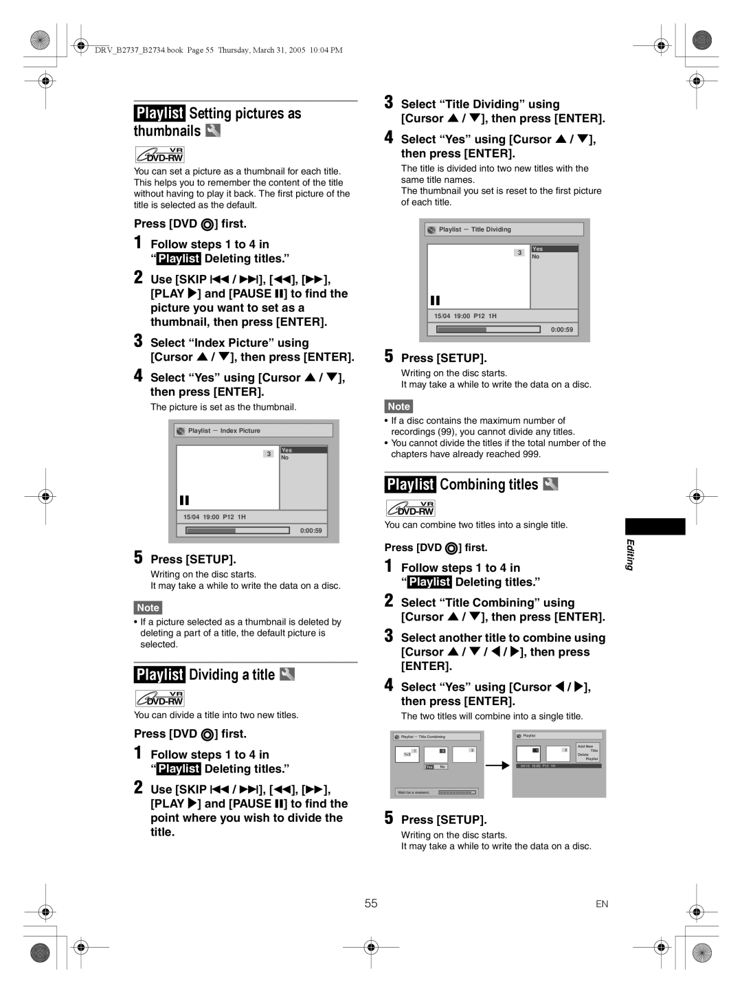 FUNAI DRV-B2737, DRV-B2734 Playlist Setting pictures as thumbnails, Playlist Dividing a title, Playlist Combining titles 