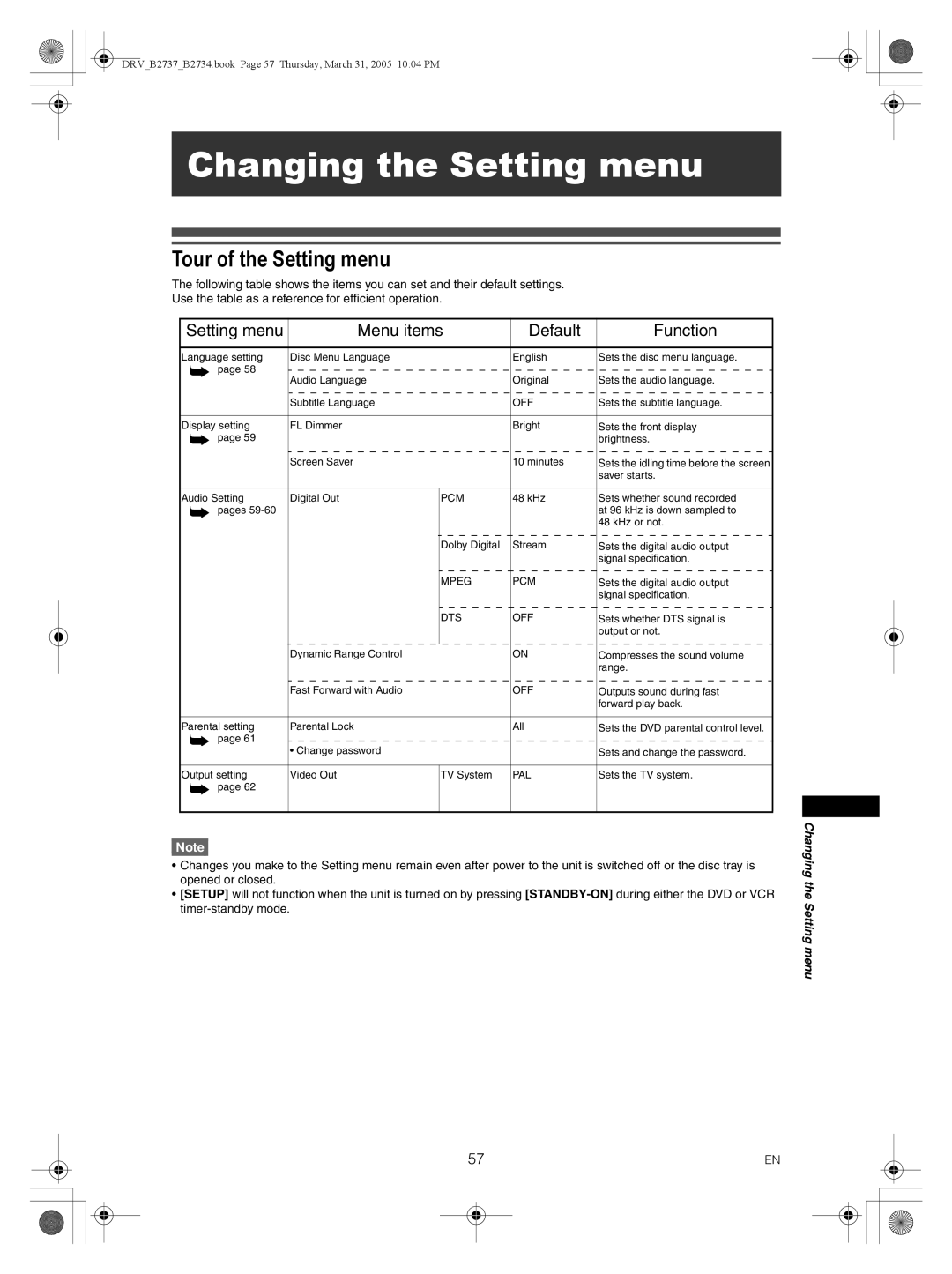 FUNAI DRV-B2737, DRV-B2734 owner manual Changing the Setting menu, Tour of the Setting menu 