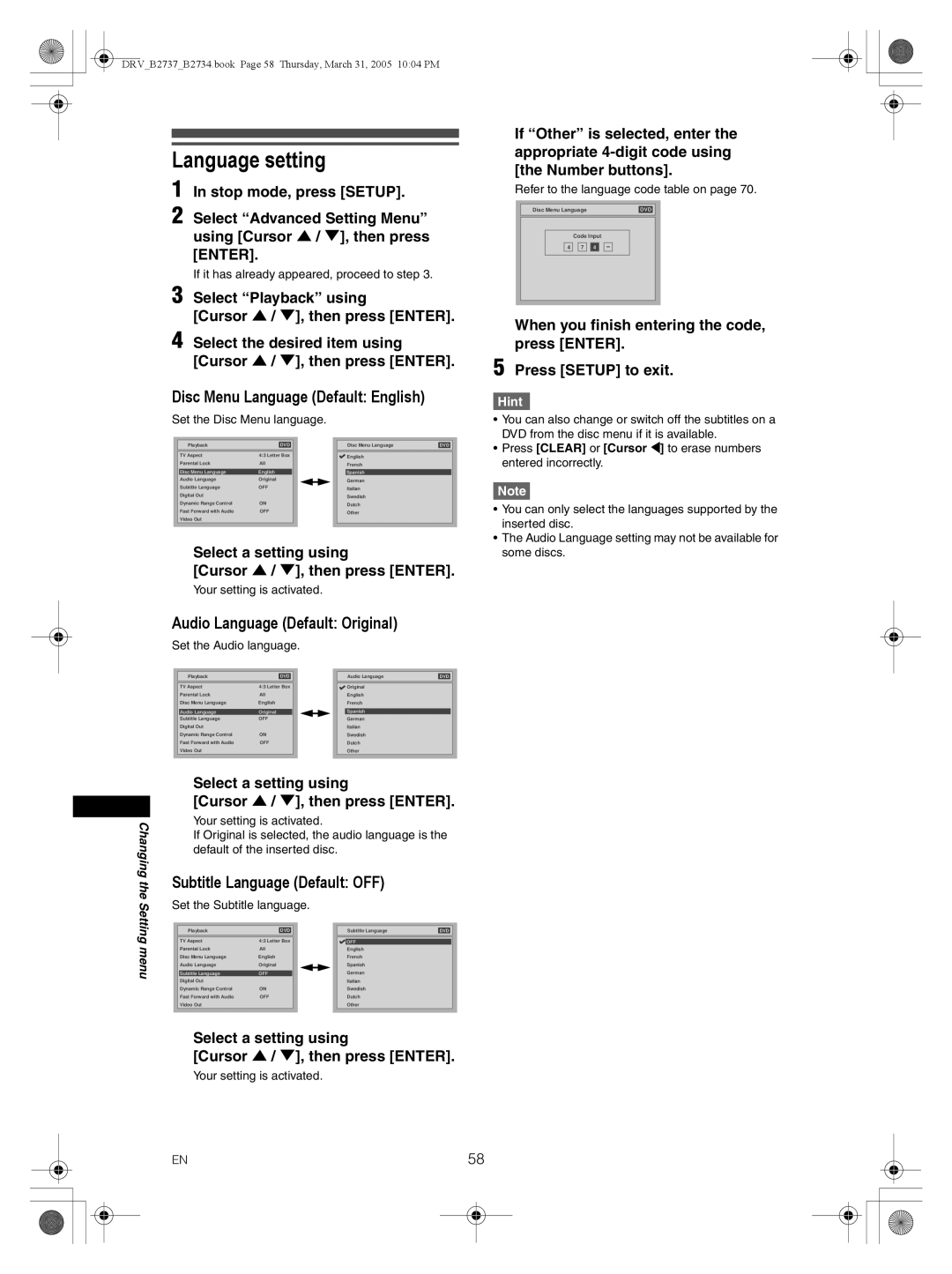 FUNAI DRV-B2734, DRV-B2737 Language setting, Disc Menu Language Default English, Audio Language Default Original 