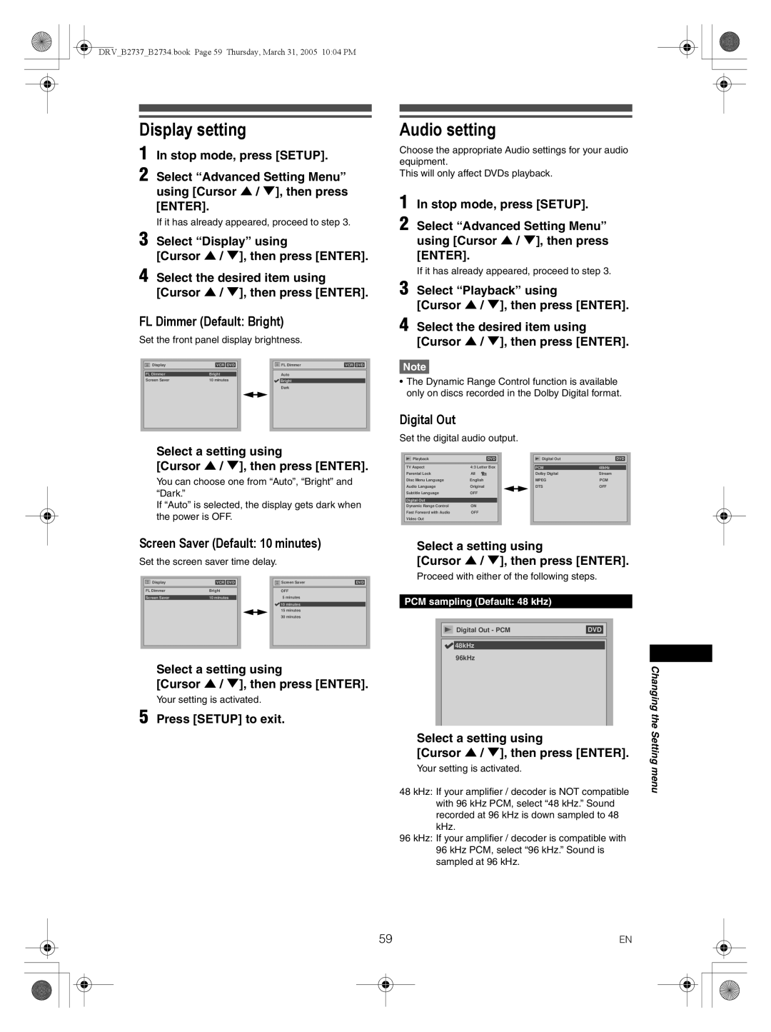 FUNAI DRV-B2737 Display setting, Audio setting, FL Dimmer Default Bright, Digital Out, Screen Saver Default 10 minutes 