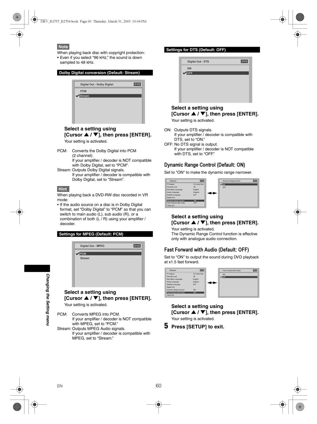 FUNAI DRV-B2734 Dynamic Range Control Default on, Fast Forward with Audio Default OFF, Settings for Mpeg Default PCM 